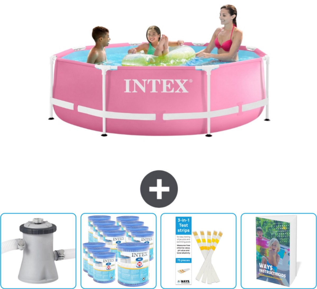 Intex Rond Frame Zwembad - 244 x 76 cm - Roze - Inclusief Zwembadfilterpomp - Filters - Testrips - Zwembadgids