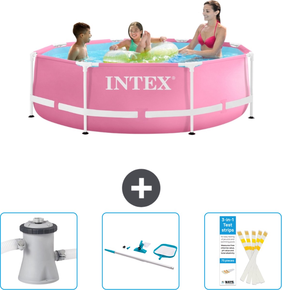 Intex Rond Frame Zwembad - 244 x 76 cm - Roze - Inclusief Zwembadfilterpomp - Schoonmaakset - Testrips