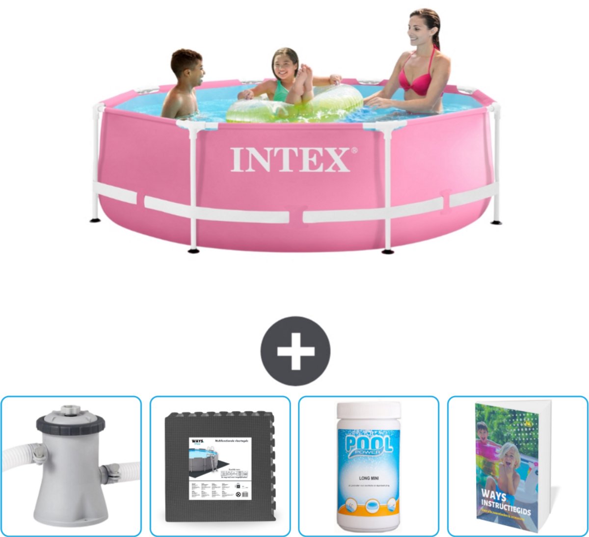 Intex Rond Frame Zwembad - 244 x 76 cm - Roze - Inclusief Zwembadfilterpomp - Vloertegels - Chloor - Zwembadgids