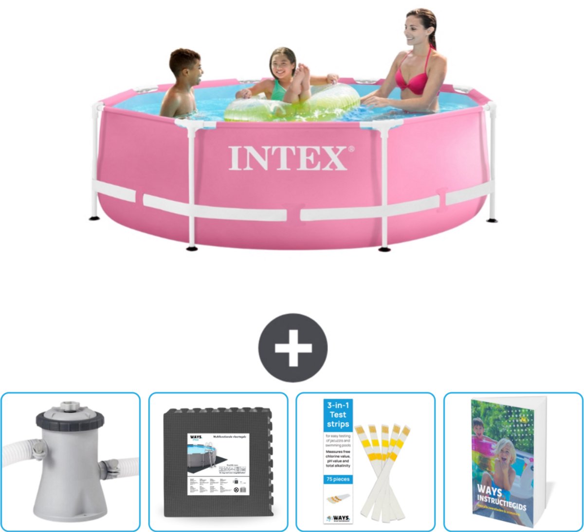 Intex Rond Frame Zwembad - 244 x 76 cm - Roze - Inclusief Zwembadfilterpomp - Vloertegels - Testrips - Zwembadgids