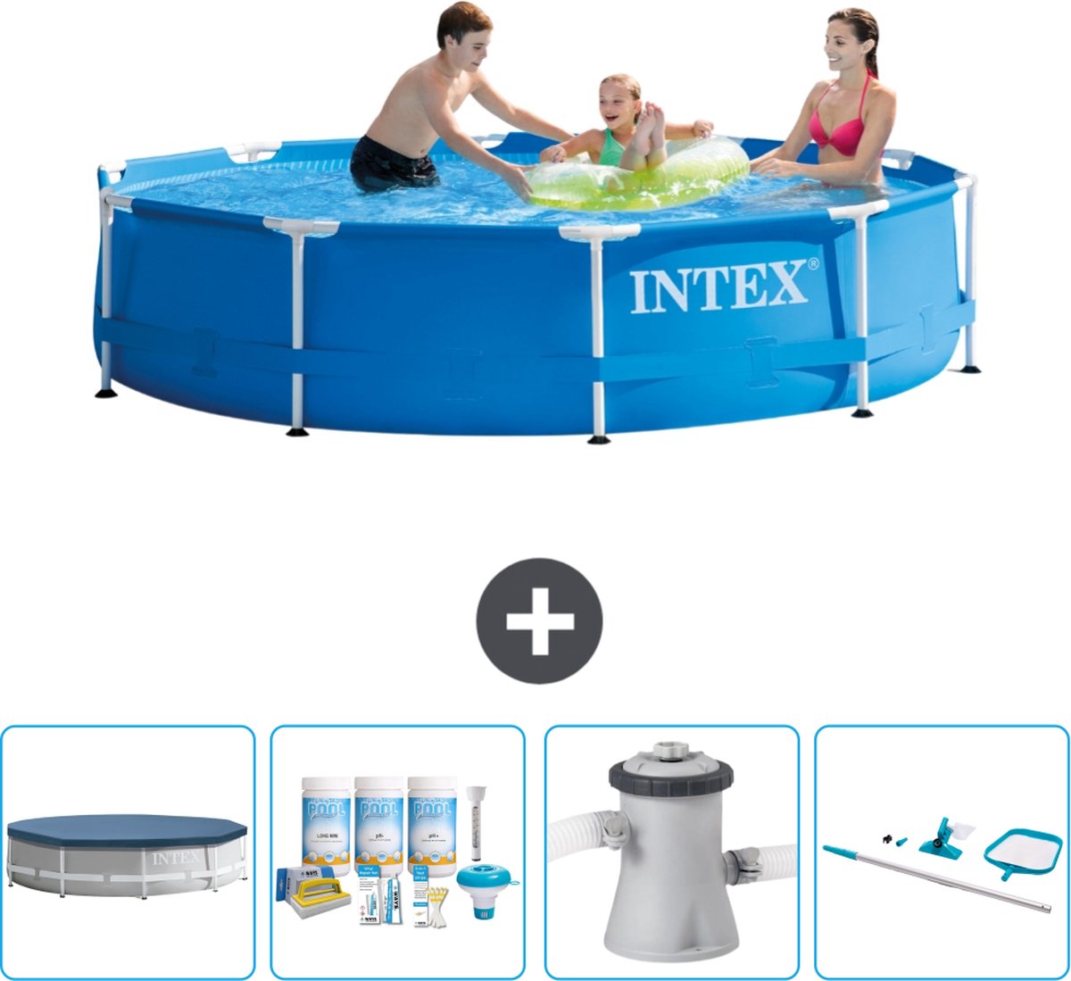 Intex Rond Frame Zwembad - 305 x 76 cm - Blauw - Inclusief Afdekzeil - Onderhoudspakket - Zwembadfilterpomp - Schoonmaakset