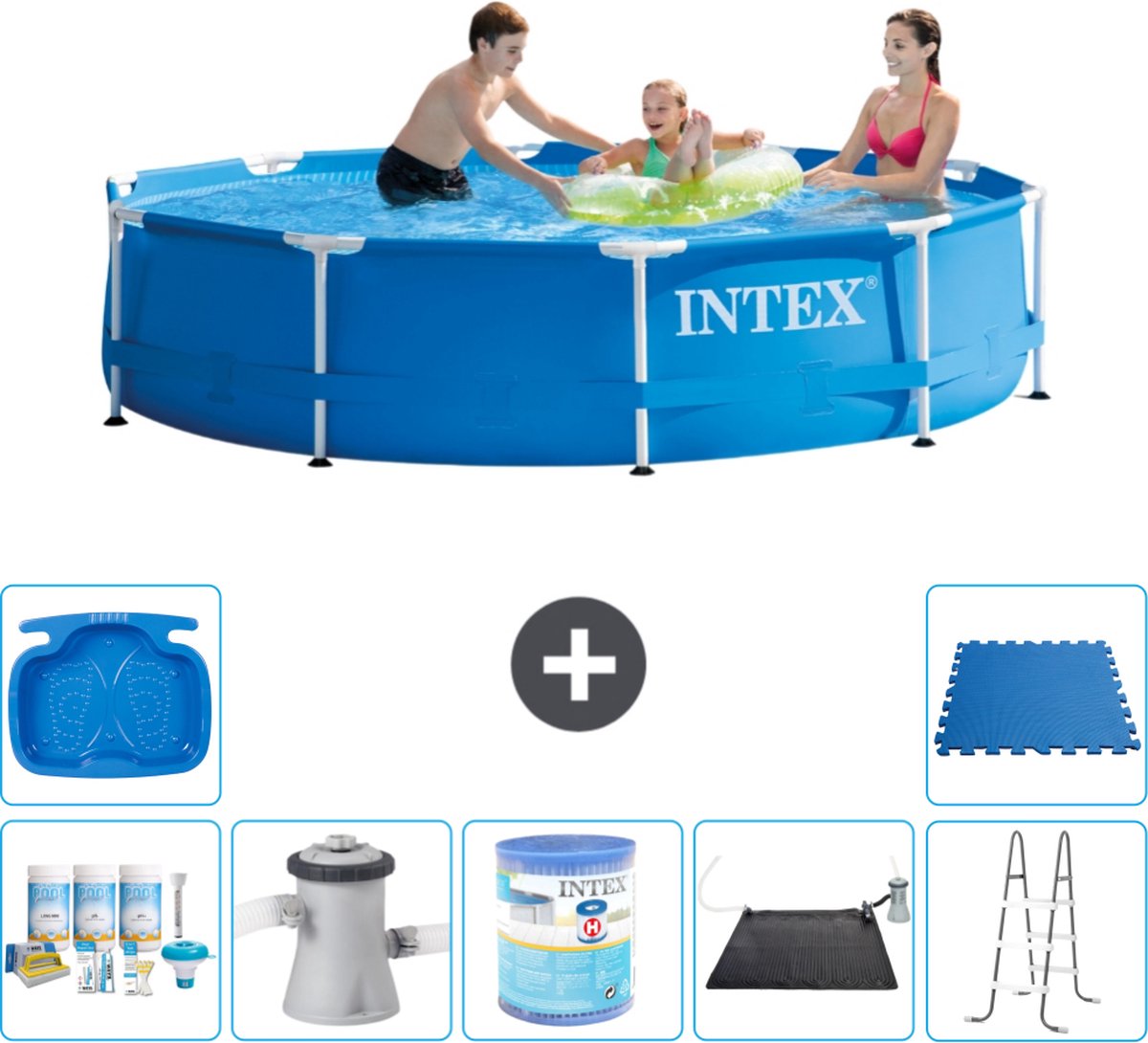 Intex Rond Frame Zwembad - 305 x 76 cm - Blauw - Inclusief Onderhoudspakket - Zwembadfilterpomp - Filter - Solar Mat - Ladder - Voetenbad - Vloertegels