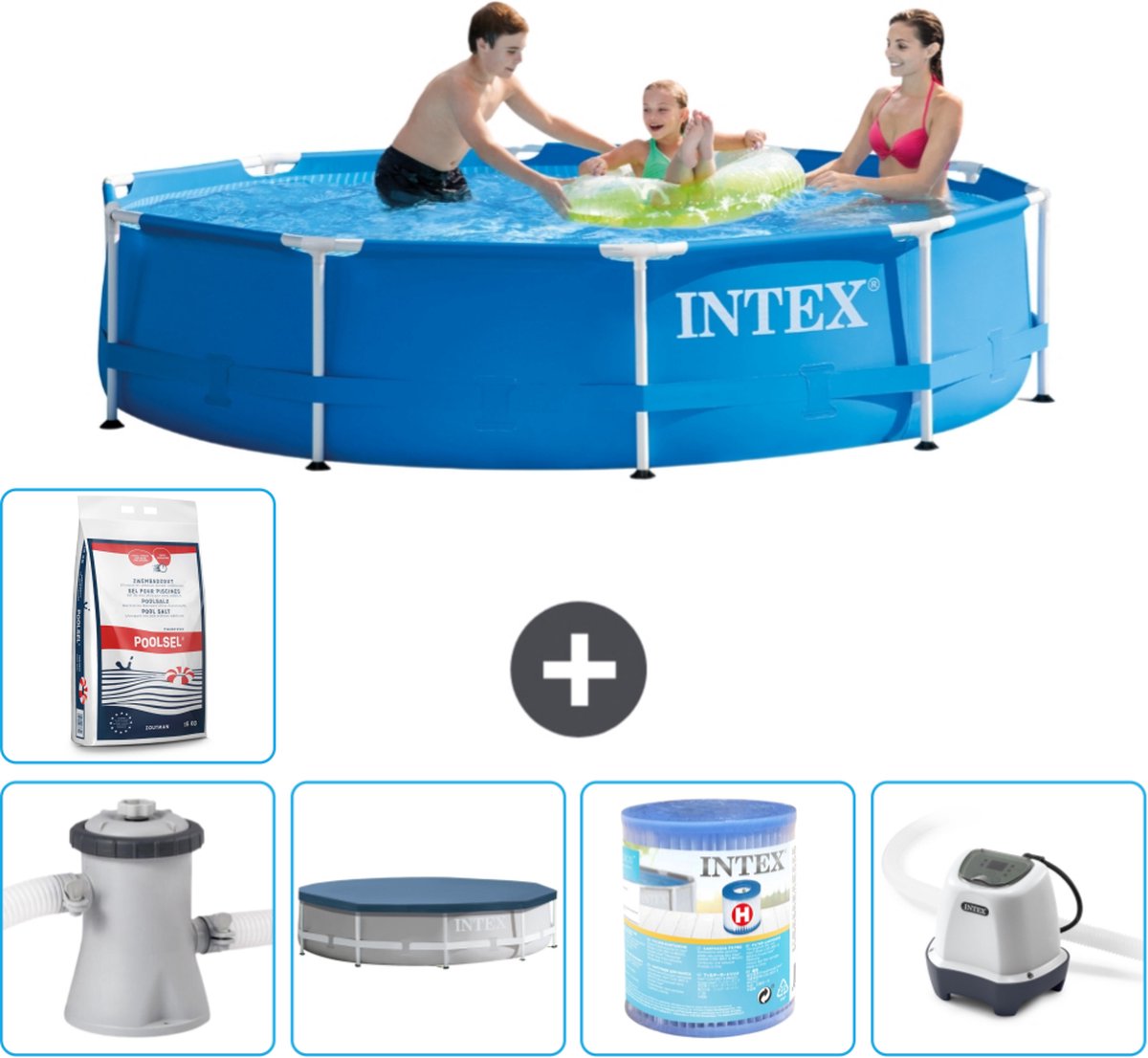 Intex Rond Frame Zwembad - 305 x 76 cm - Blauw - Inclusief Pomp Afdekzeil - Filter - Zoutwatersysteem - Zwembadzout