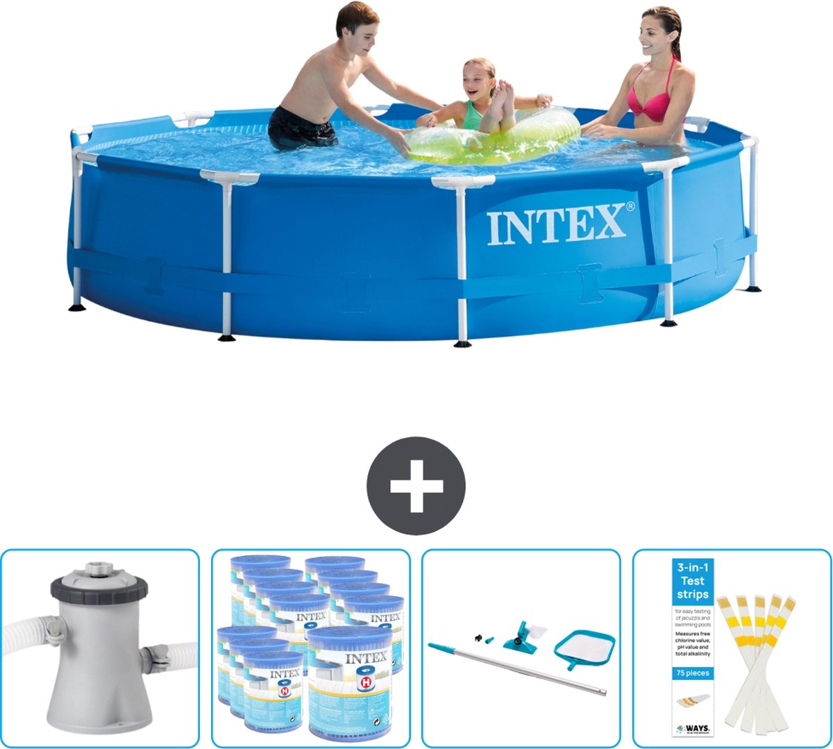 Intex Rond Frame Zwembad - 305 x 76 cm - Blauw - Inclusief Pomp Filters - Schoonmaakset - Testrips