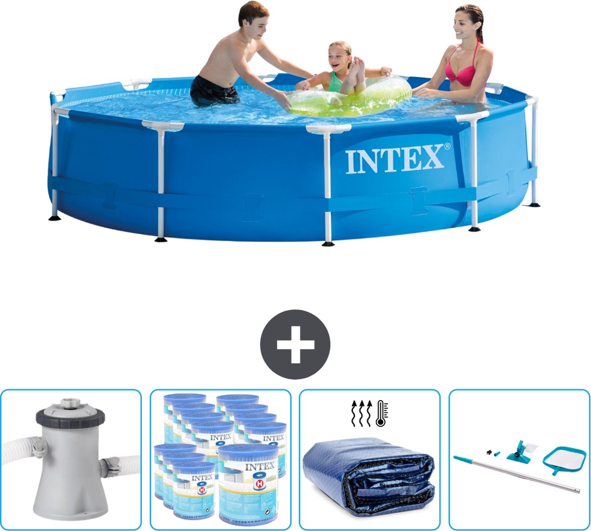 Intex Rond Frame Zwembad - 305 x 76 cm - Blauw - Inclusief Pomp Filters - Solarzeil - Schoonmaakset