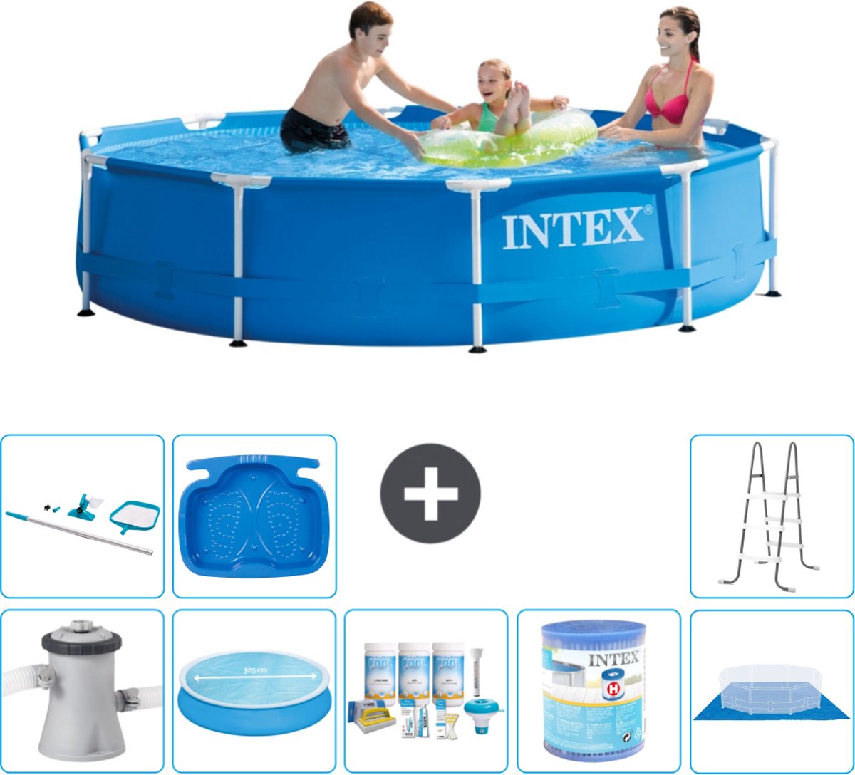 Intex Rond Frame Zwembad - 305 x 76 cm - Blauw - Inclusief Pomp Solarzeil - Onderhoudspakket - Filter - Grondzeil - Schoonmaakset - Ladder - Voetenbad