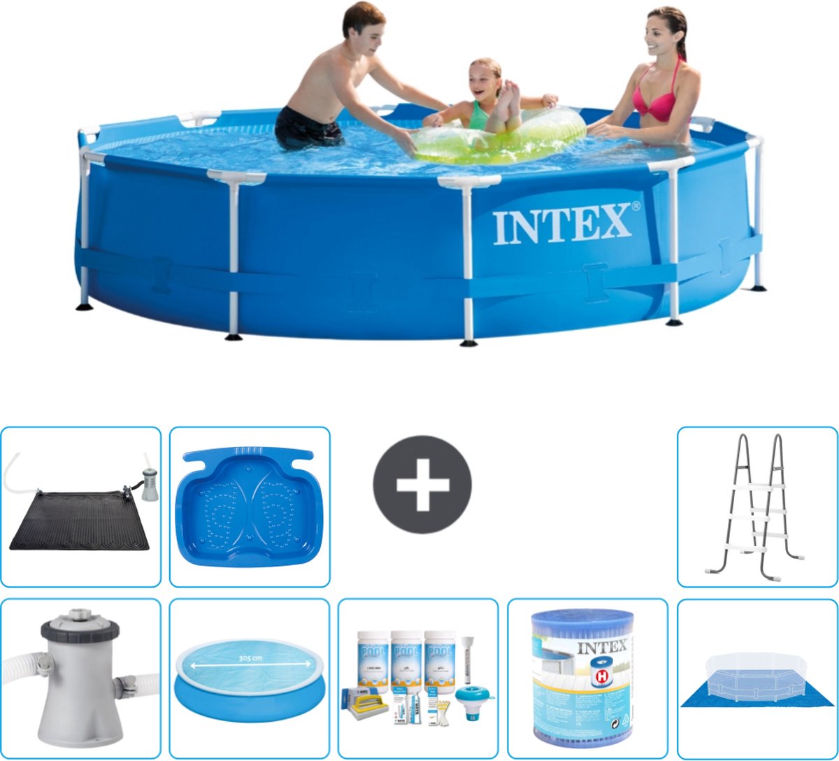 Intex Rond Frame Zwembad - 305 x 76 cm - Blauw - Inclusief Pomp Solarzeil - Onderhoudspakket - Filter - Grondzeil - Solar Mat - Ladder - Voetenbad