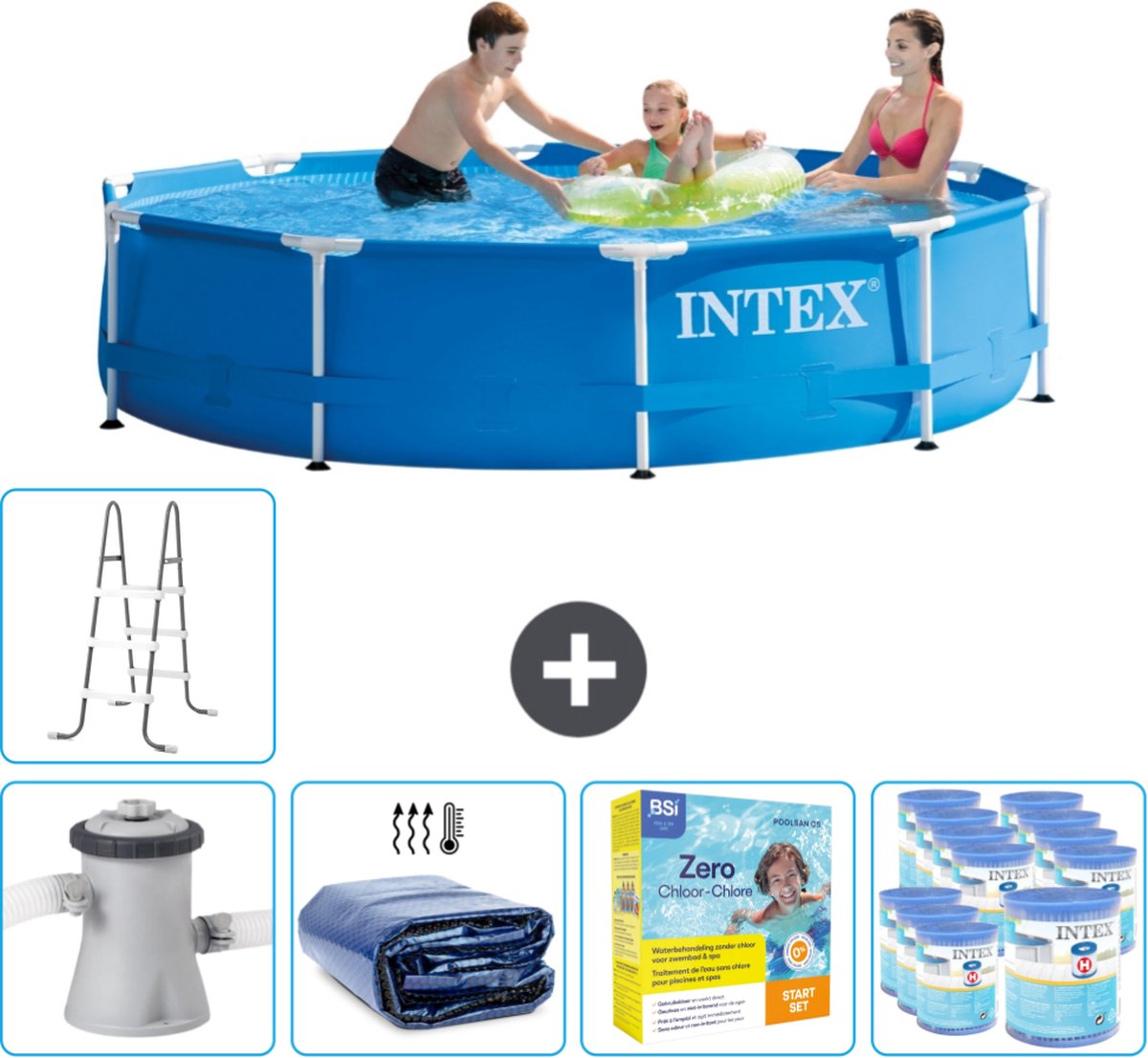 Intex Rond Frame Zwembad - 305 x 76 cm - Blauw - Inclusief Pomp Solarzeil - Onderhoudspakket - Filters - Ladder