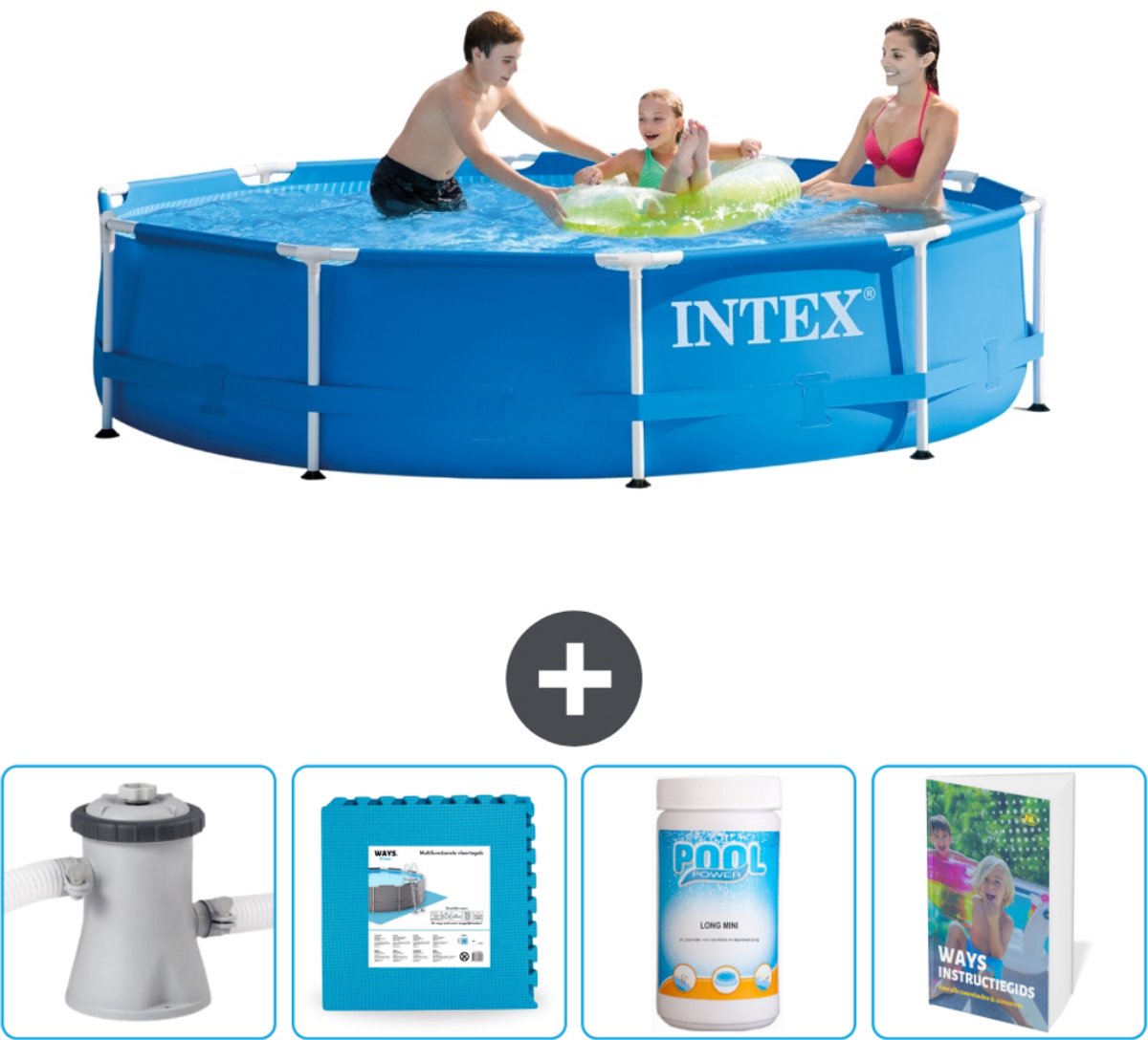 Intex Rond Frame Zwembad - 305 x 76 cm - Blauw - Inclusief Pomp Vloertegels - Chloor - Zwembadgids