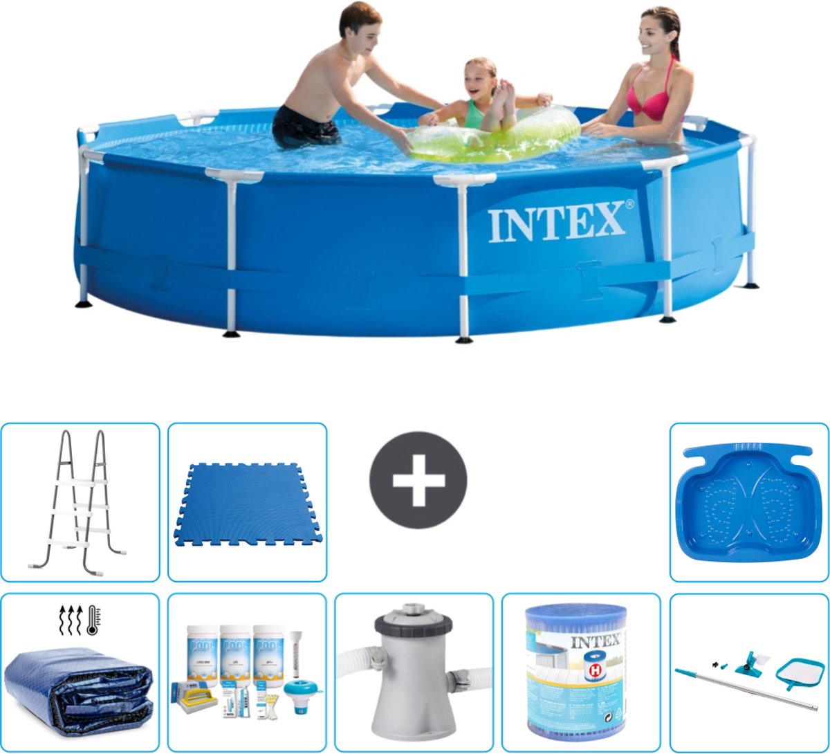 Intex Rond Frame Zwembad - 305 x 76 cm - Blauw - Inclusief Solarzeil - Onderhoudspakket - Zwembadfilterpomp - Filter - Schoonmaakset - Ladder - Voetenbad - Vloertegels