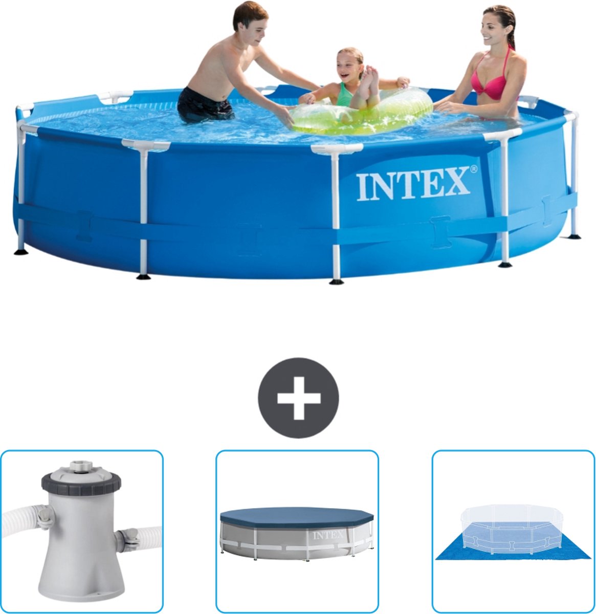 Intex Rond Frame Zwembad - 305 x 76 cm - Blauw - Inclusief Zwembadfilterpomp - Afdekzeil - Grondzeil