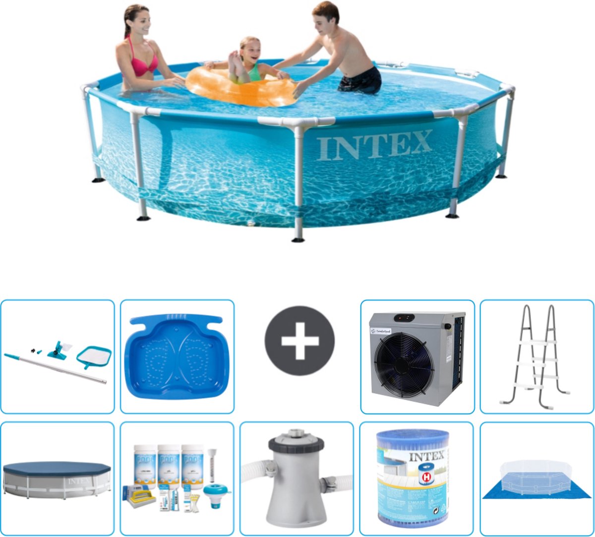 Intex Rond Frame Zwembad - 305 x 76 cm - Waterprint - Inclusief Afdekzeil - Onderhoudspakket - Zwembadfilterpomp - Filter - Grondzeil - Schoonmaakset - Ladder - Voetenbad - Warmtepomp