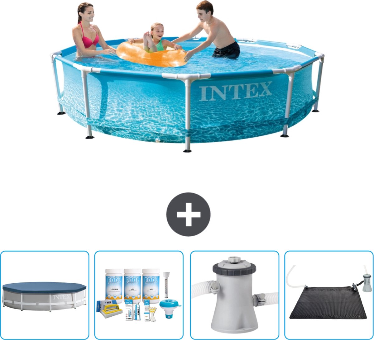Intex Rond Frame Zwembad - 305 x 76 cm - Waterprint - Inclusief Afdekzeil - Onderhoudspakket - Zwembadfilterpomp - Solar Mat