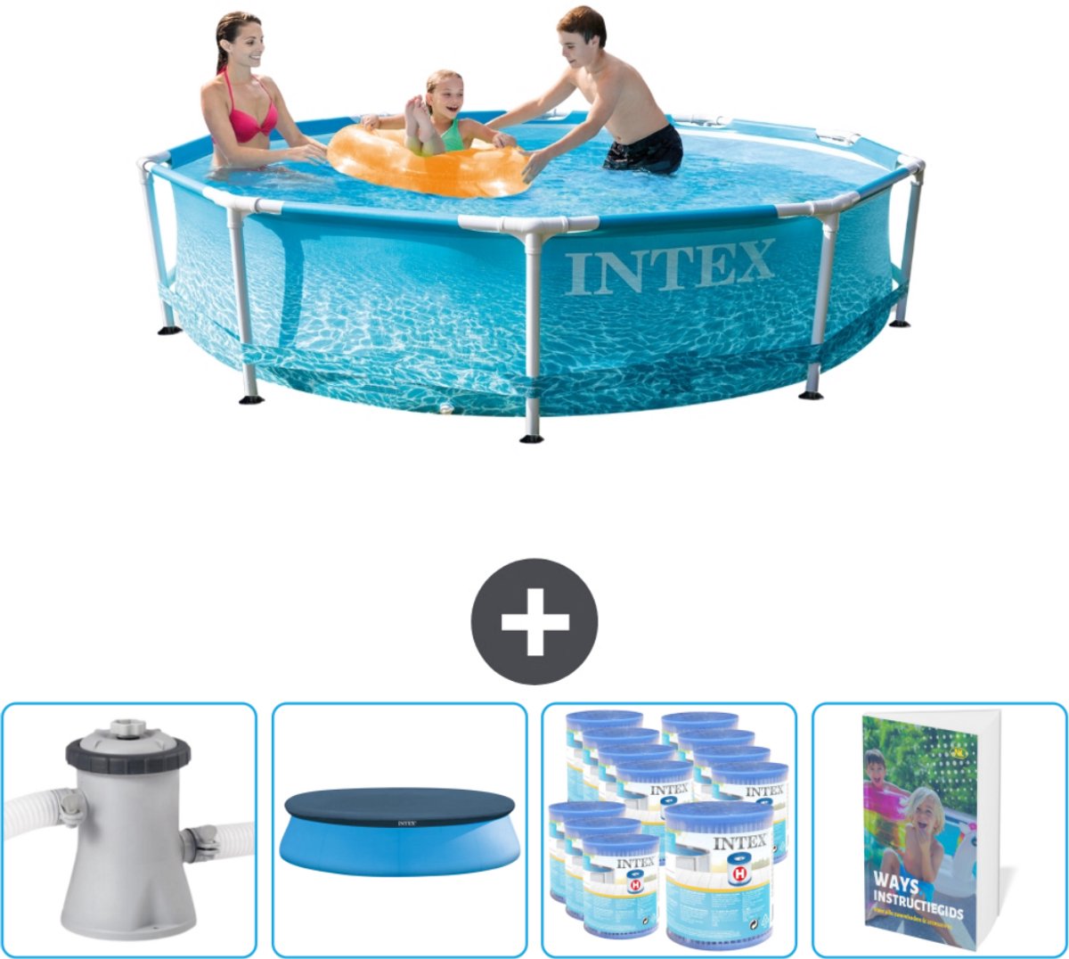 Intex Rond Frame Zwembad - 305 x 76 cm - Waterprint - Inclusief Pomp Afdekzeil - Filters - Zwembadgids