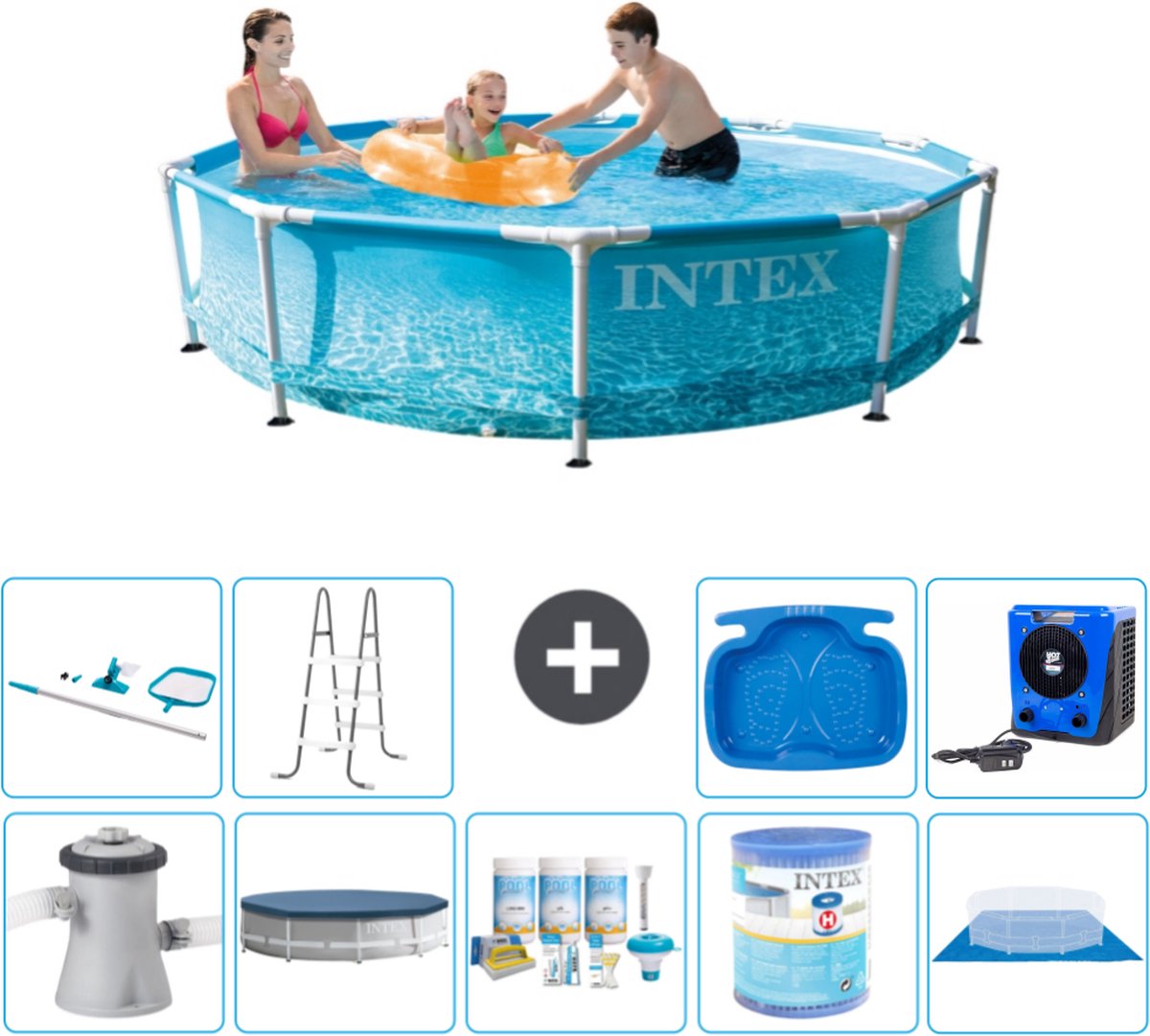 Intex Rond Frame Zwembad - 305 x 76 cm - Waterprint - Inclusief Pomp Afdekzeil - Onderhoudspakket - Filter - Grondzeil - Schoonmaakset - Ladder - Voetenbad - Warmtepomp
