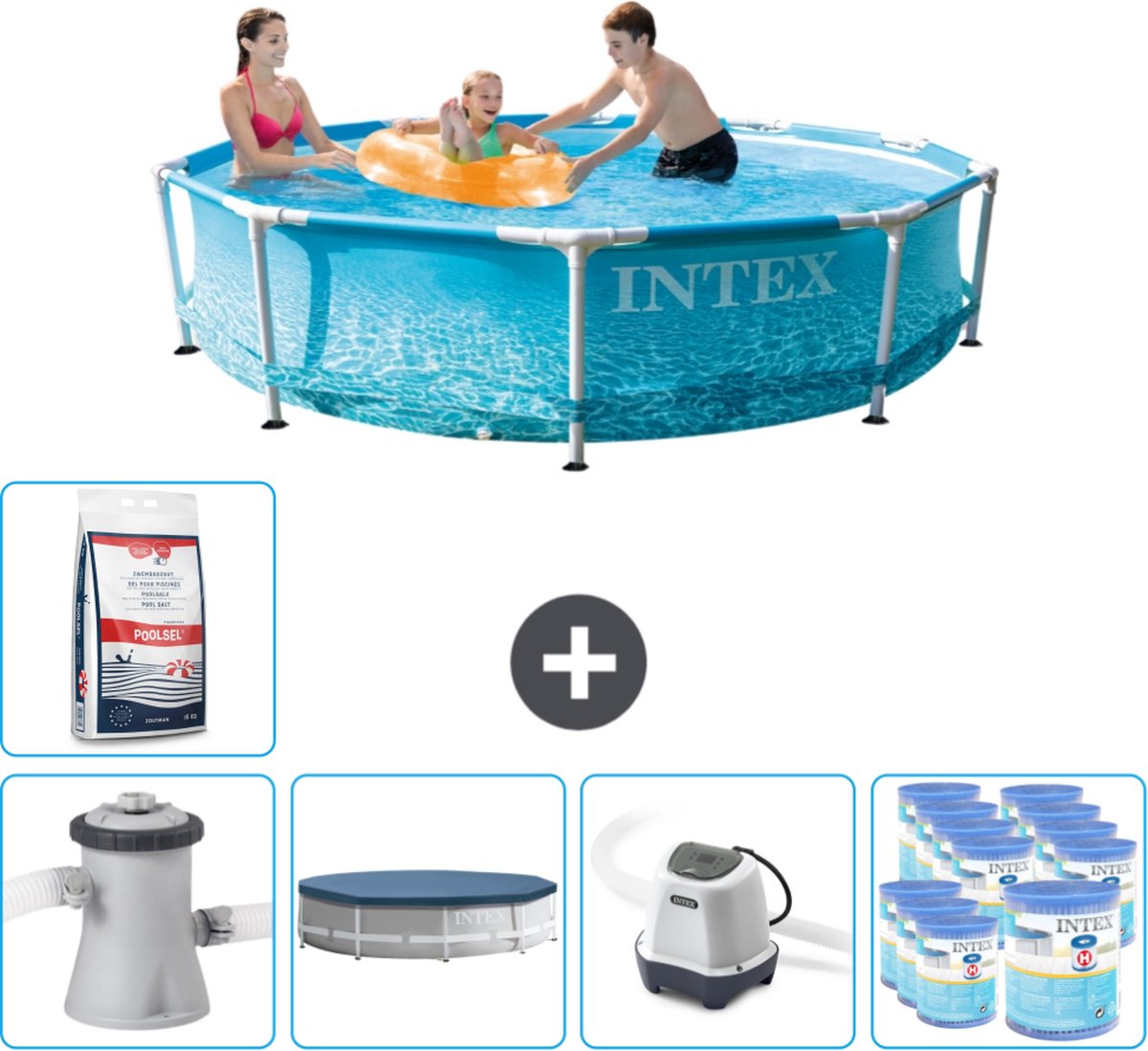 Intex Rond Frame Zwembad - 305 x 76 cm - Waterprint - Inclusief Pomp Afdekzeil - Zoutwatersysteem - Filters - Zwembadzout