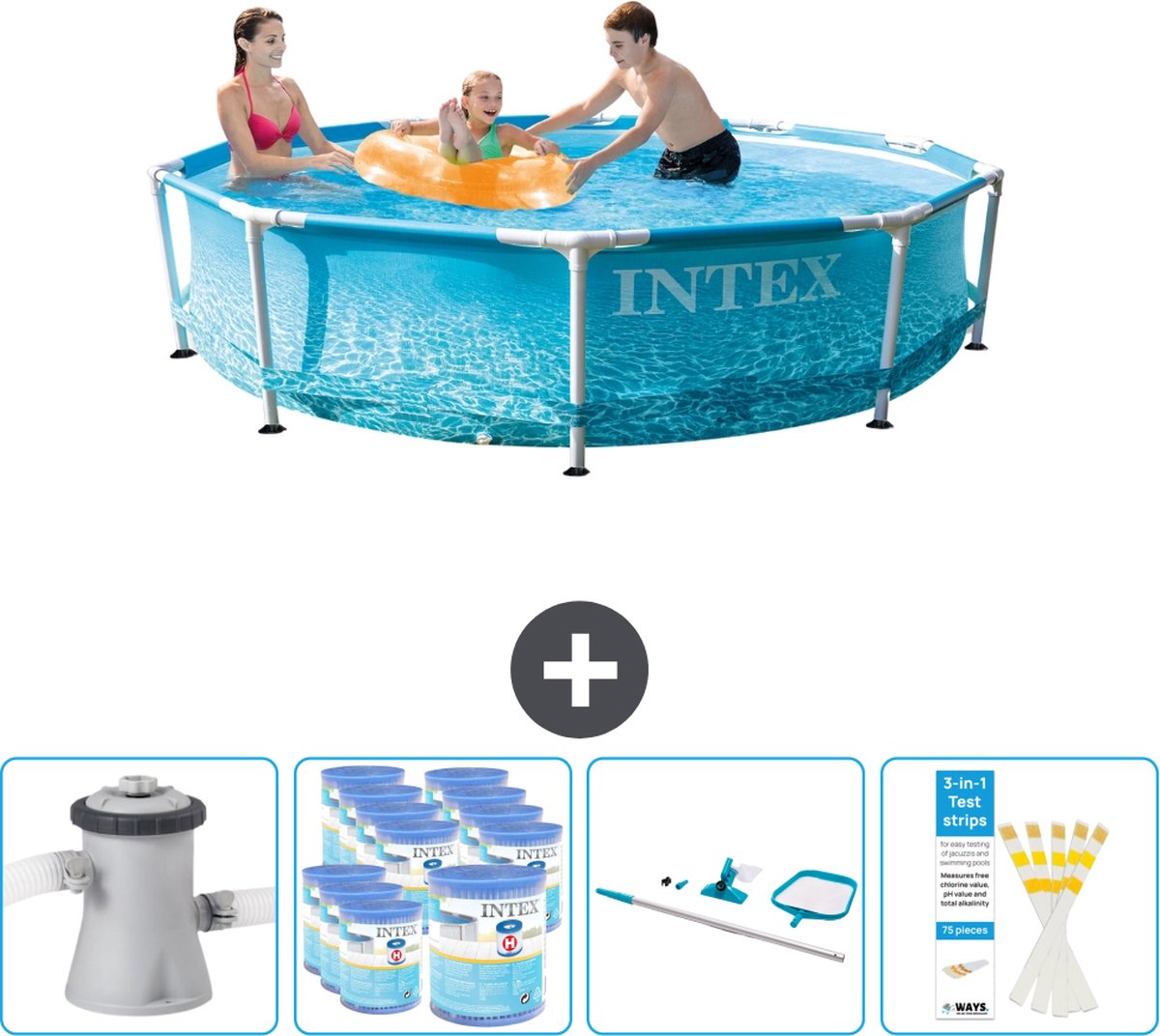 Intex Rond Frame Zwembad - 305 x 76 cm - Waterprint - Inclusief Pomp Filters - Schoonmaakset - Testrips