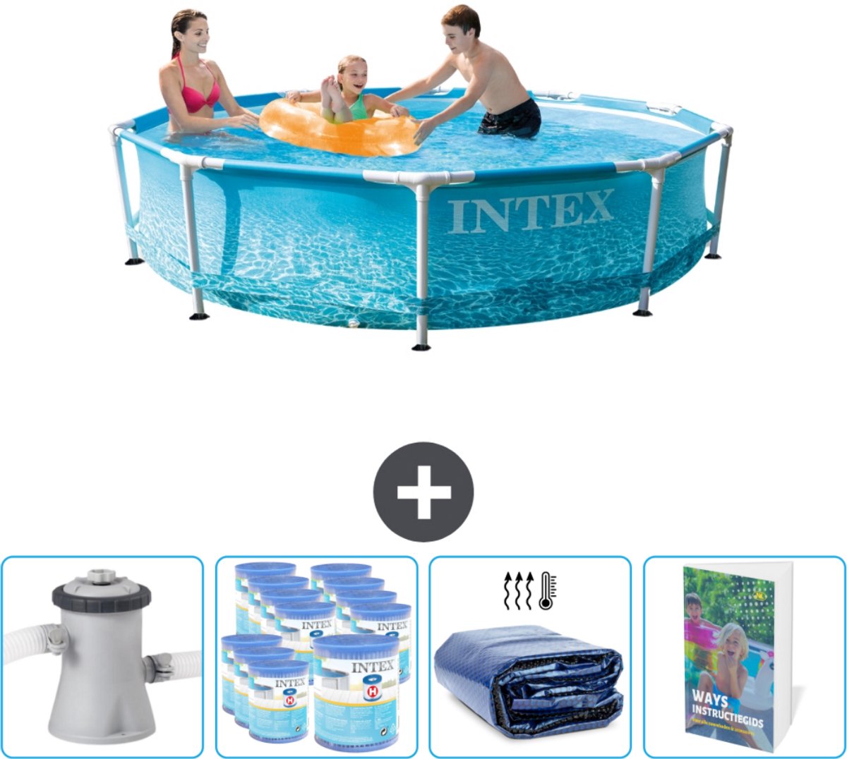 Intex Rond Frame Zwembad - 305 x 76 cm - Waterprint - Inclusief Pomp Filters - Solarzeil - Zwembadgids