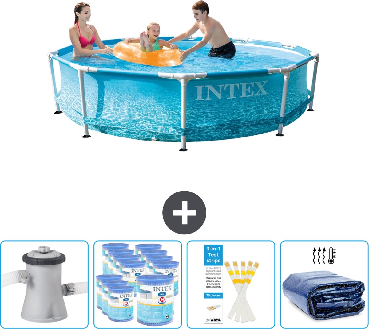 Intex Rond Frame Zwembad - 305 x 76 cm - Waterprint - Inclusief Pomp Filters - Testrips - Solarzeil