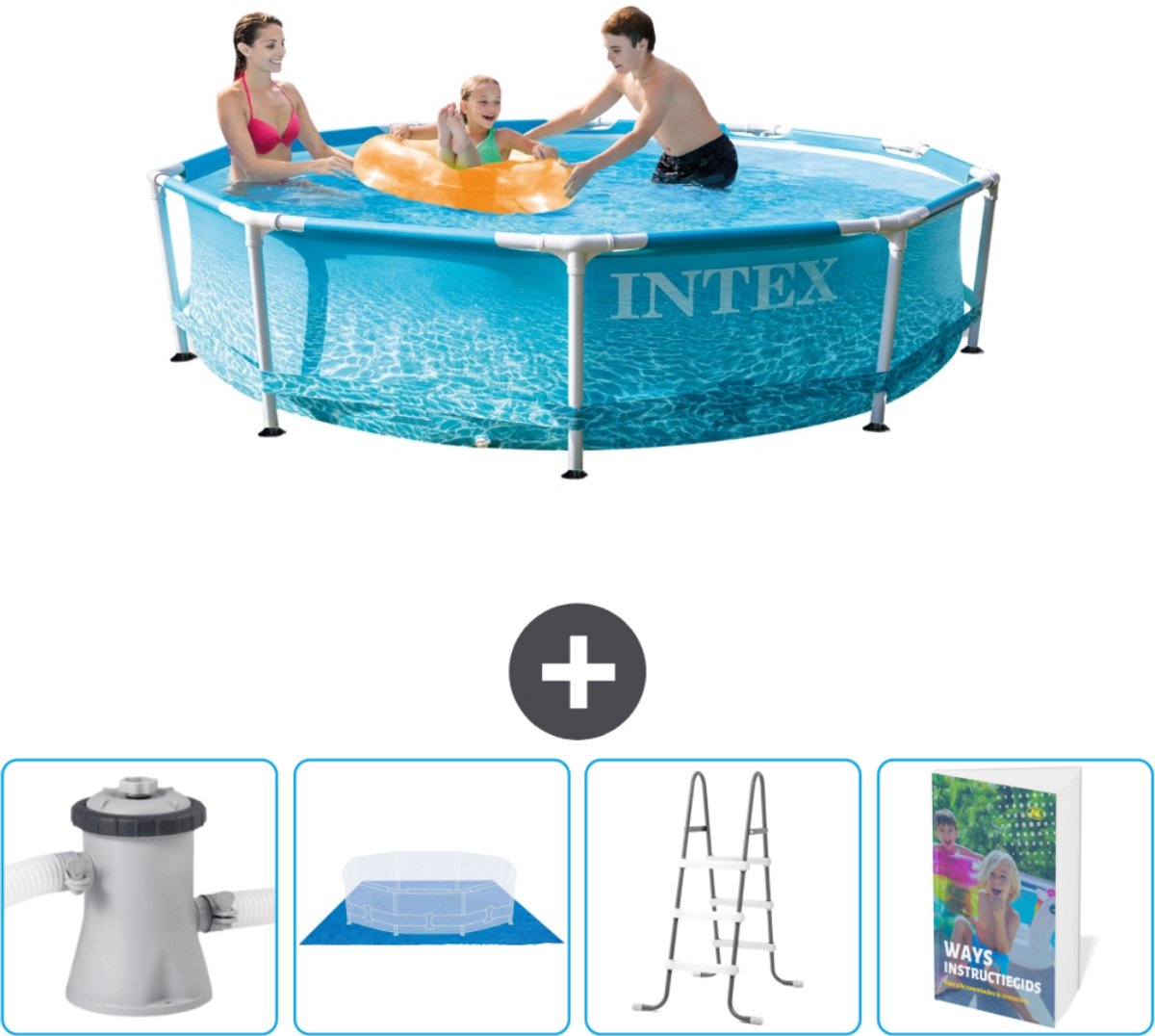 Intex Rond Frame Zwembad - 305 x 76 cm - Waterprint - Inclusief Pomp Grondzeil - Ladder - Zwembadgids
