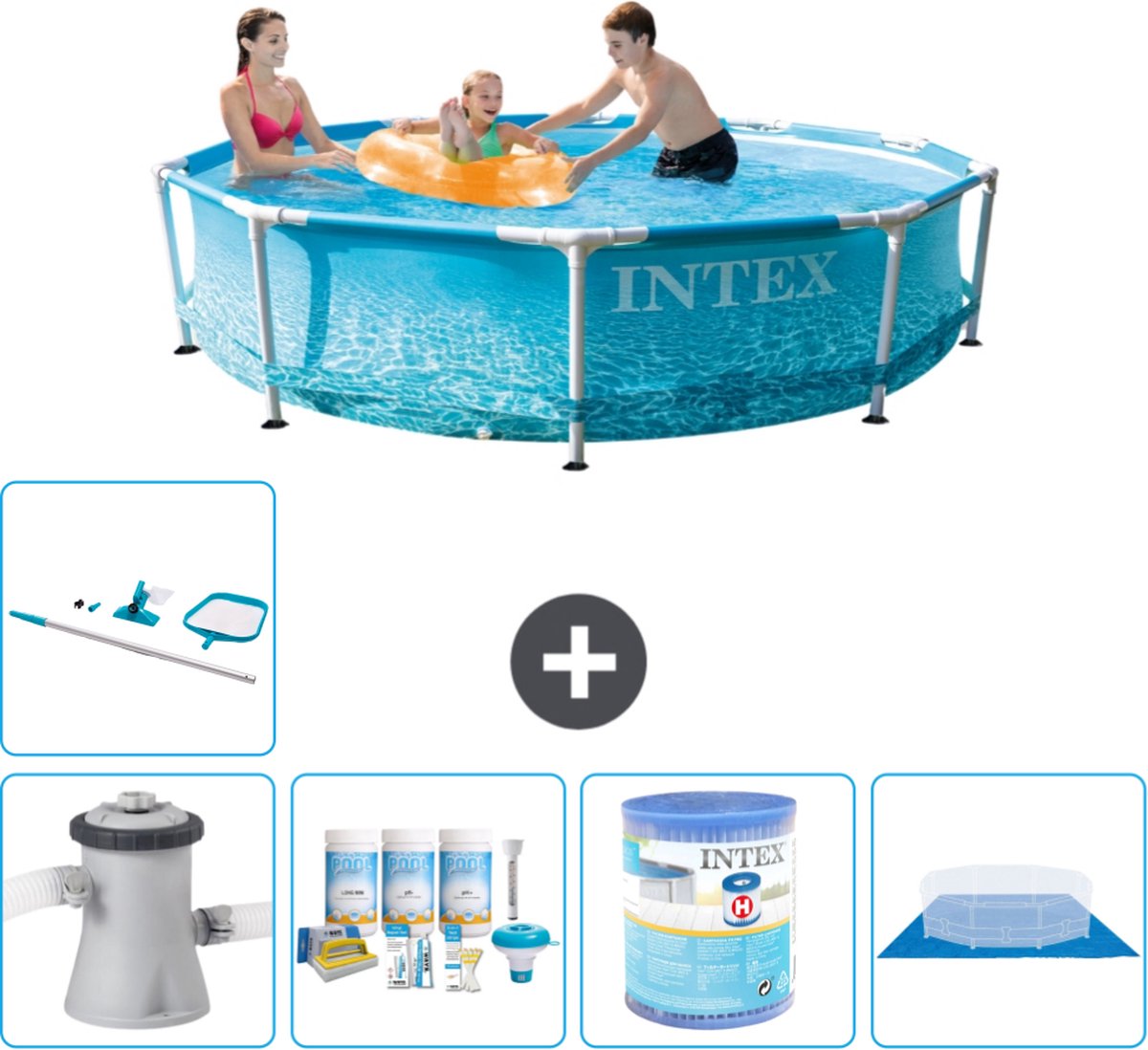 Intex Rond Frame Zwembad - 305 x 76 cm - Waterprint - Inclusief Pomp Onderhoudspakket - Filter - Grondzeil - Schoonmaakset - Solar Mat