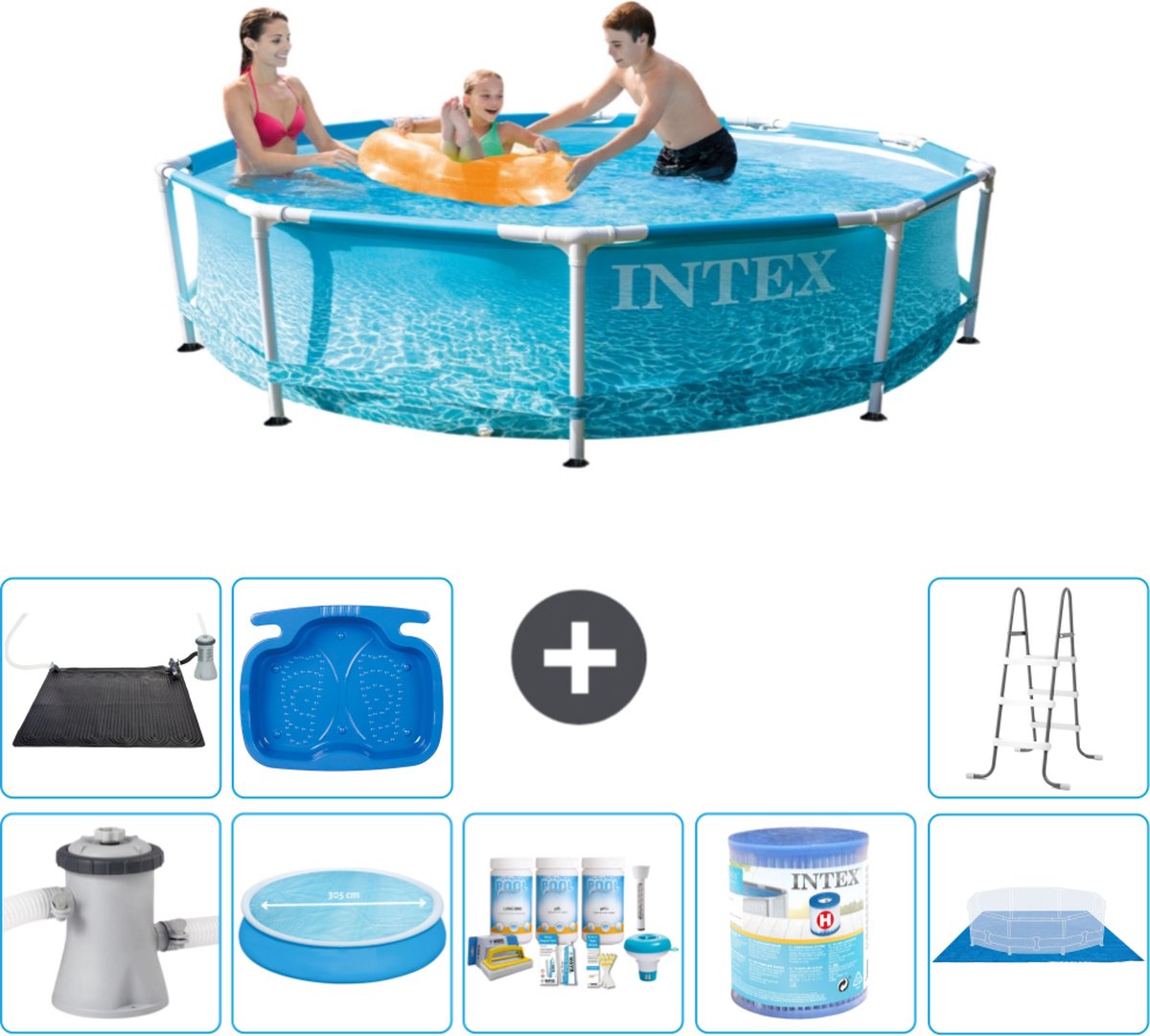 Intex Rond Frame Zwembad - 305 x 76 cm - Waterprint - Inclusief Pomp Solarzeil - Onderhoudspakket - Filter - Grondzeil - Solar Mat - Ladder - Voetenbad
