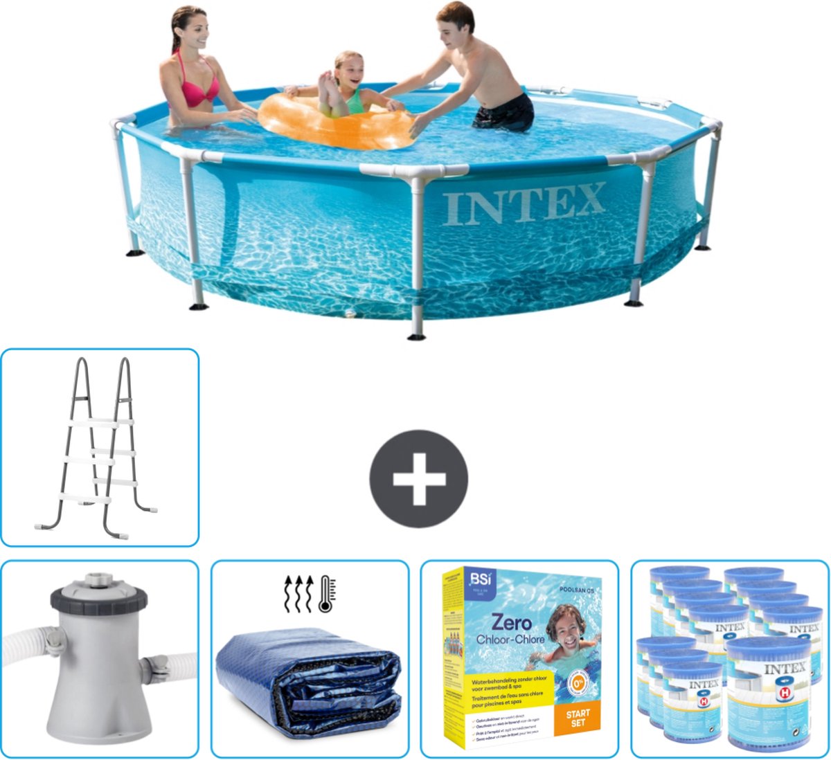 Intex Rond Frame Zwembad - 305 x 76 cm - Waterprint - Inclusief Pomp Solarzeil - Onderhoudspakket - Filters - Ladder