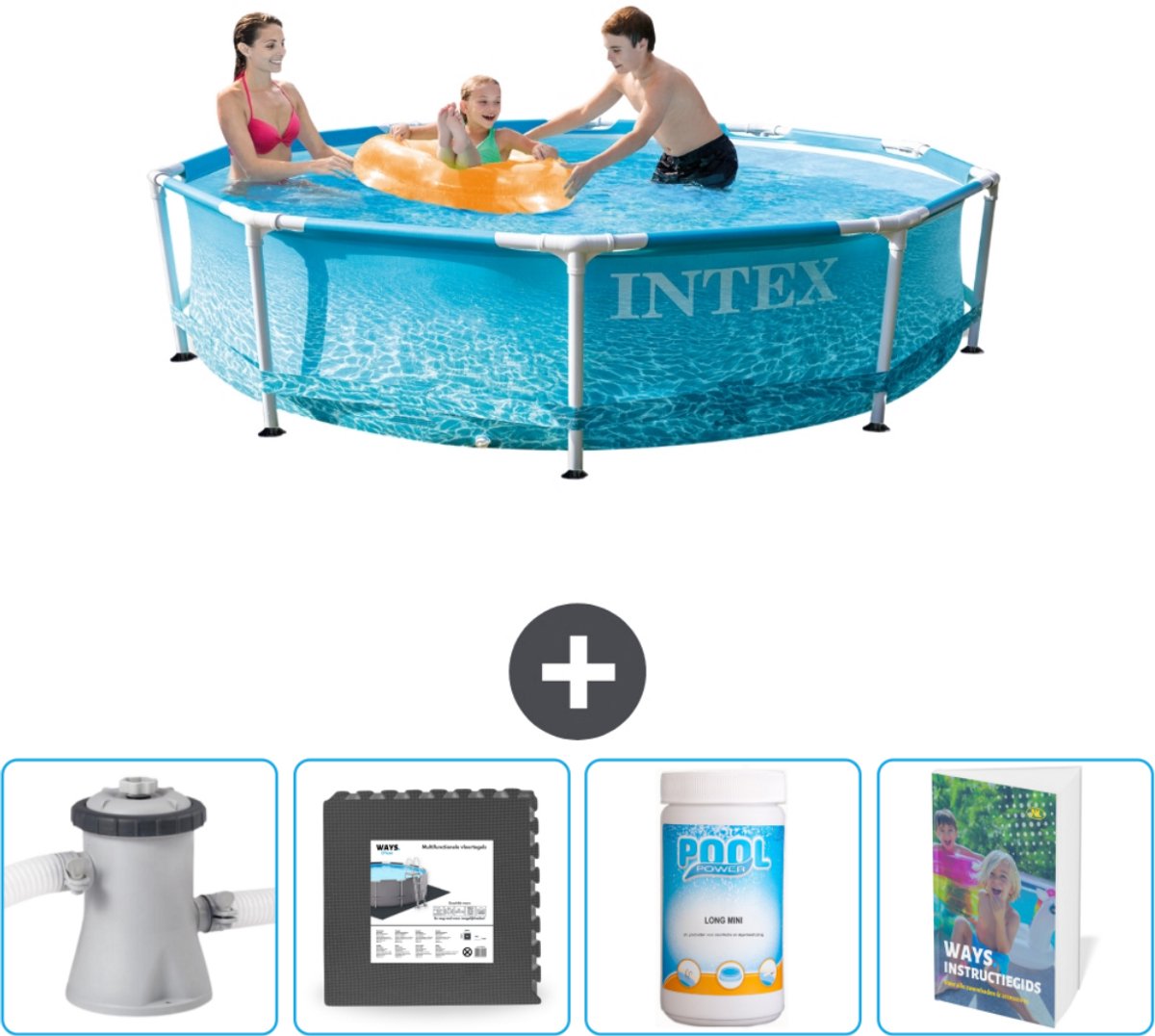 Intex Rond Frame Zwembad - 305 x 76 cm - Waterprint - Inclusief Pomp Vloertegels - Chloor - Zwembadgids