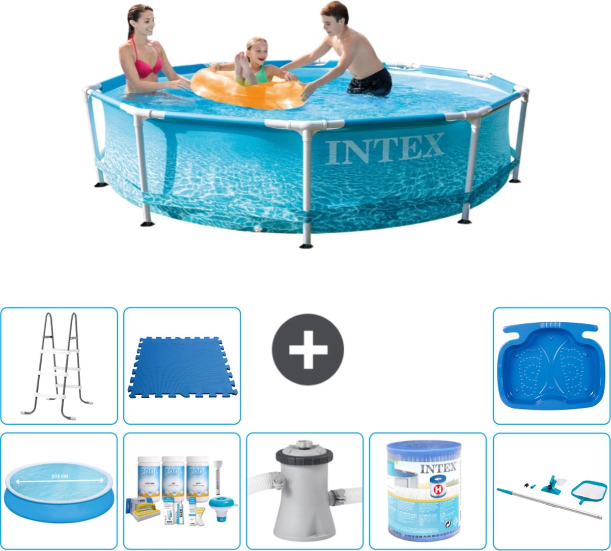 Intex Rond Frame Zwembad - 305 x 76 cm - Waterprint - Inclusief Solarzeil - Onderhoudspakket - Zwembadfilterpomp - Filter - Schoonmaakset - Ladder - Voetenbad - Vloertegels