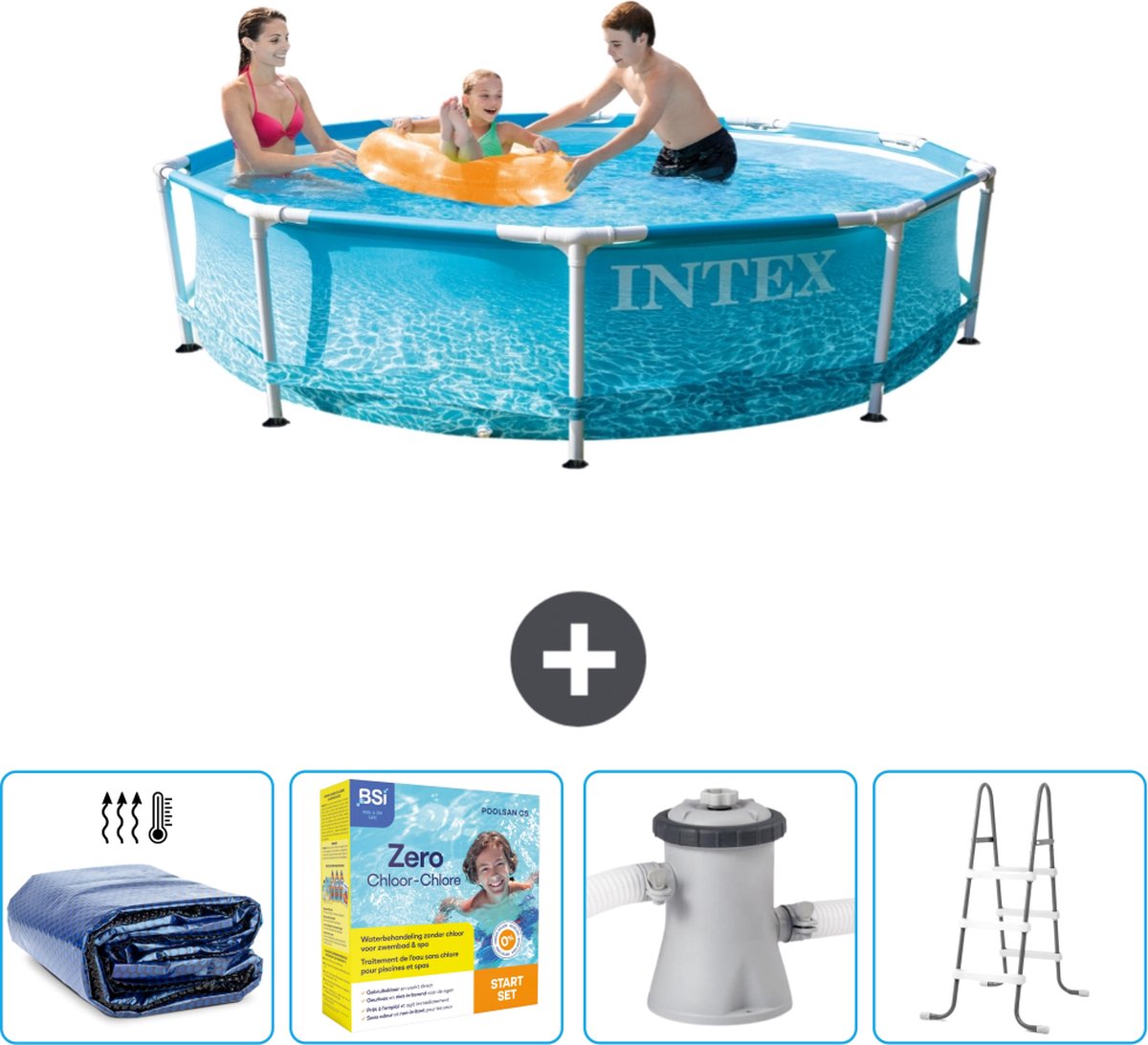 Intex Rond Frame Zwembad - 305 x 76 cm - Waterprint - Inclusief Solarzeil - Onderhoudspakket - Zwembadfilterpomp - Ladder