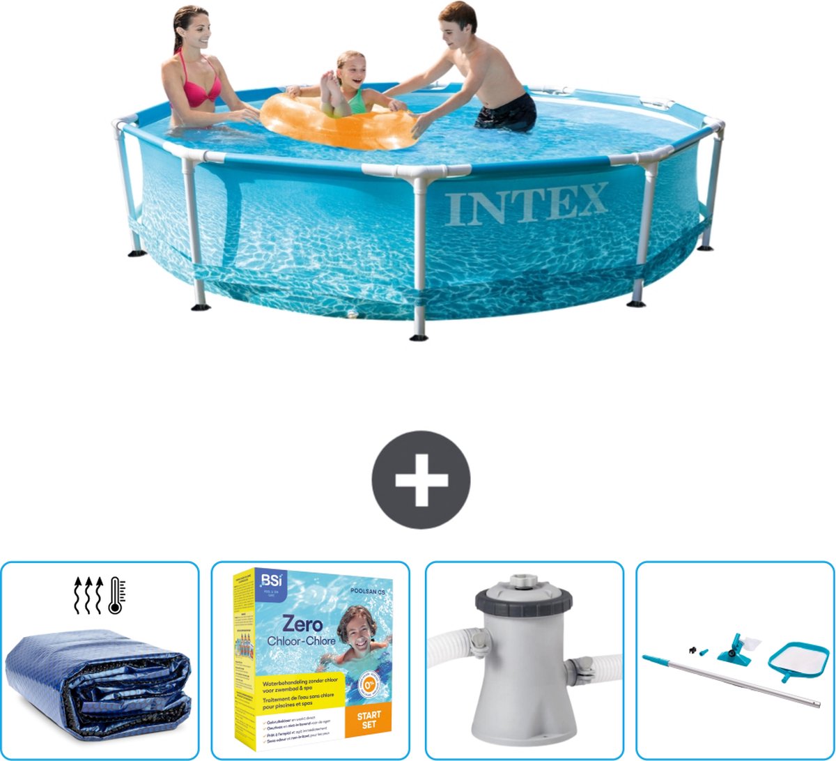 Intex Rond Frame Zwembad - 305 x 76 cm - Waterprint - Inclusief Solarzeil - Onderhoudspakket - Zwembadfilterpomp - Schoonmaakset