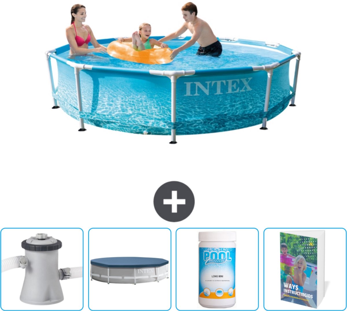Intex Rond Frame Zwembad - 305 x 76 cm - Waterprint - Inclusief Zwembadfilterpomp - Afdekzeil - Chloor - Zwembadgids