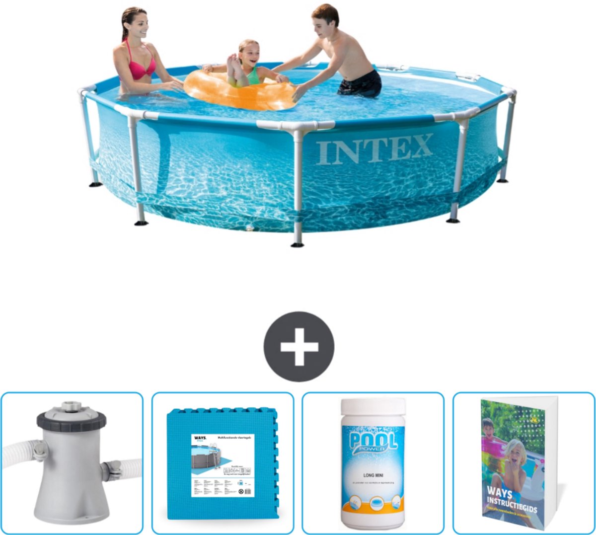Intex Rond Frame Zwembad - 305 x 76 cm - Waterprint - Inclusief Zwembadfilterpomp - Vloertegels - Chloor - Zwembadgids
