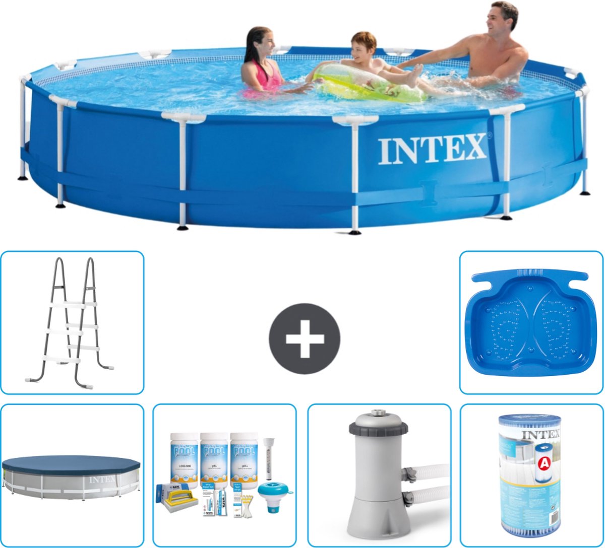 Intex Rond Frame Zwembad - 366 x 76 cm - Blauw - Inclusief Afdekzeil - Onderhoudspakket - Zwembadfilterpomp - Filter - Ladder - Voetenbad