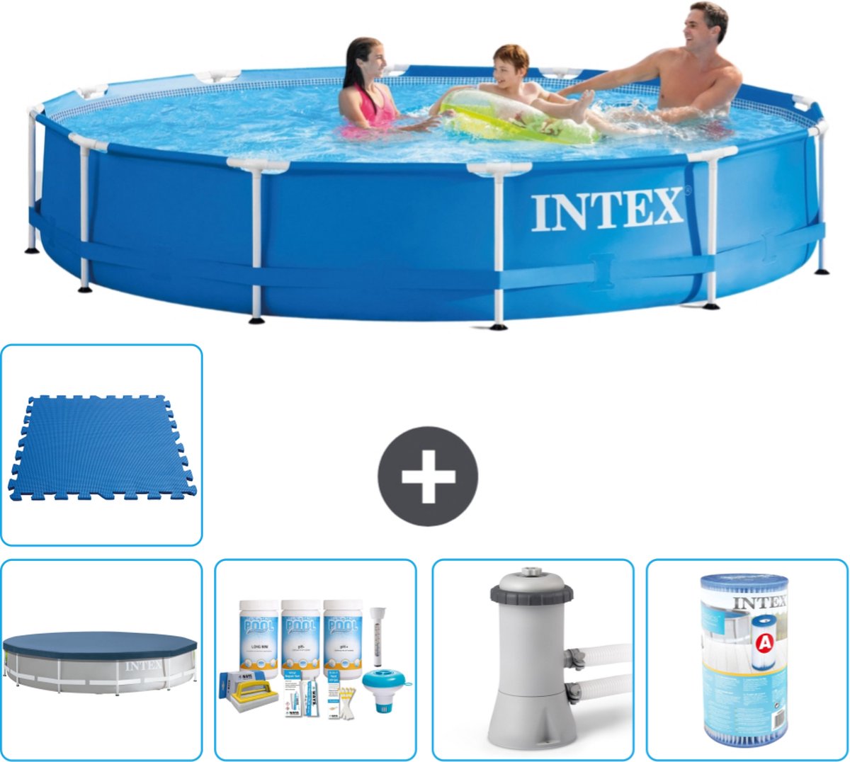 Intex Rond Frame Zwembad - 366 x 76 cm - Blauw - Inclusief Afdekzeil - Onderhoudspakket - Zwembadfilterpomp - Filter - Vloertegels