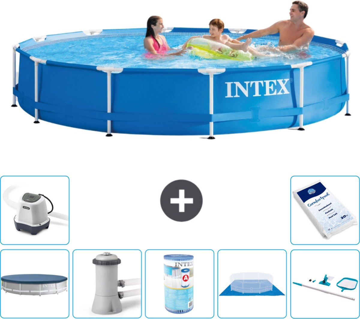 Intex Rond Frame Zwembad - 366 x 76 cm - Blauw - Inclusief Afdekzeil - Zwembadfilterpomp - Filter - Grondzeil - Schoonmaakset - Zoutwatersysteem - Zwembadzout