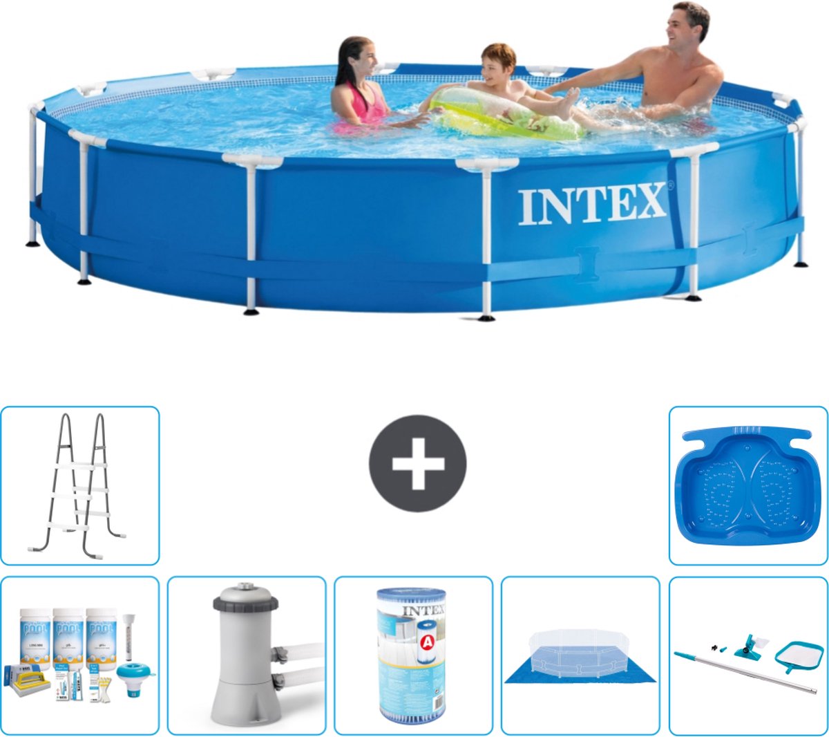 Intex Rond Frame Zwembad - 366 x 76 cm - Blauw - Inclusief Onderhoudspakket - Zwembadfilterpomp - Filter - Grondzeil - Schoonmaakset - Ladder - Voetenbad