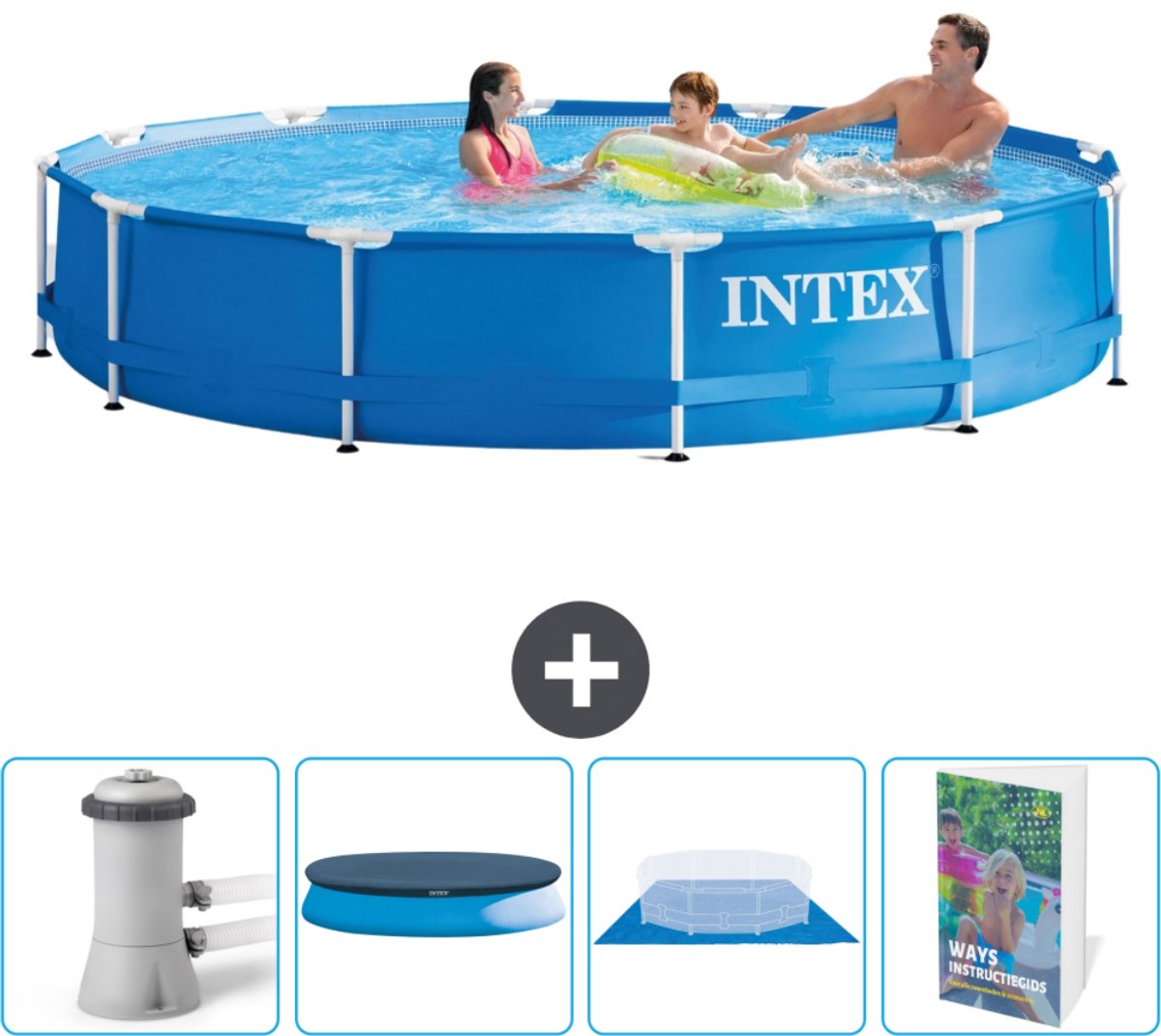 Intex Rond Frame Zwembad - 366 x 76 cm - Blauw - Inclusief Pomp Afdekzeil - Grondzeil - Zwembadgids
