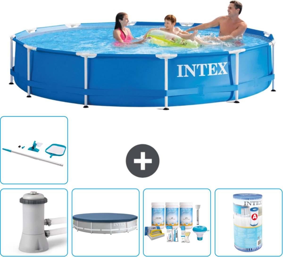 Intex Rond Frame Zwembad - 366 x 76 cm - Blauw - Inclusief Pomp Afdekzeil - Onderhoudspakket - Filter - Schoonmaakset