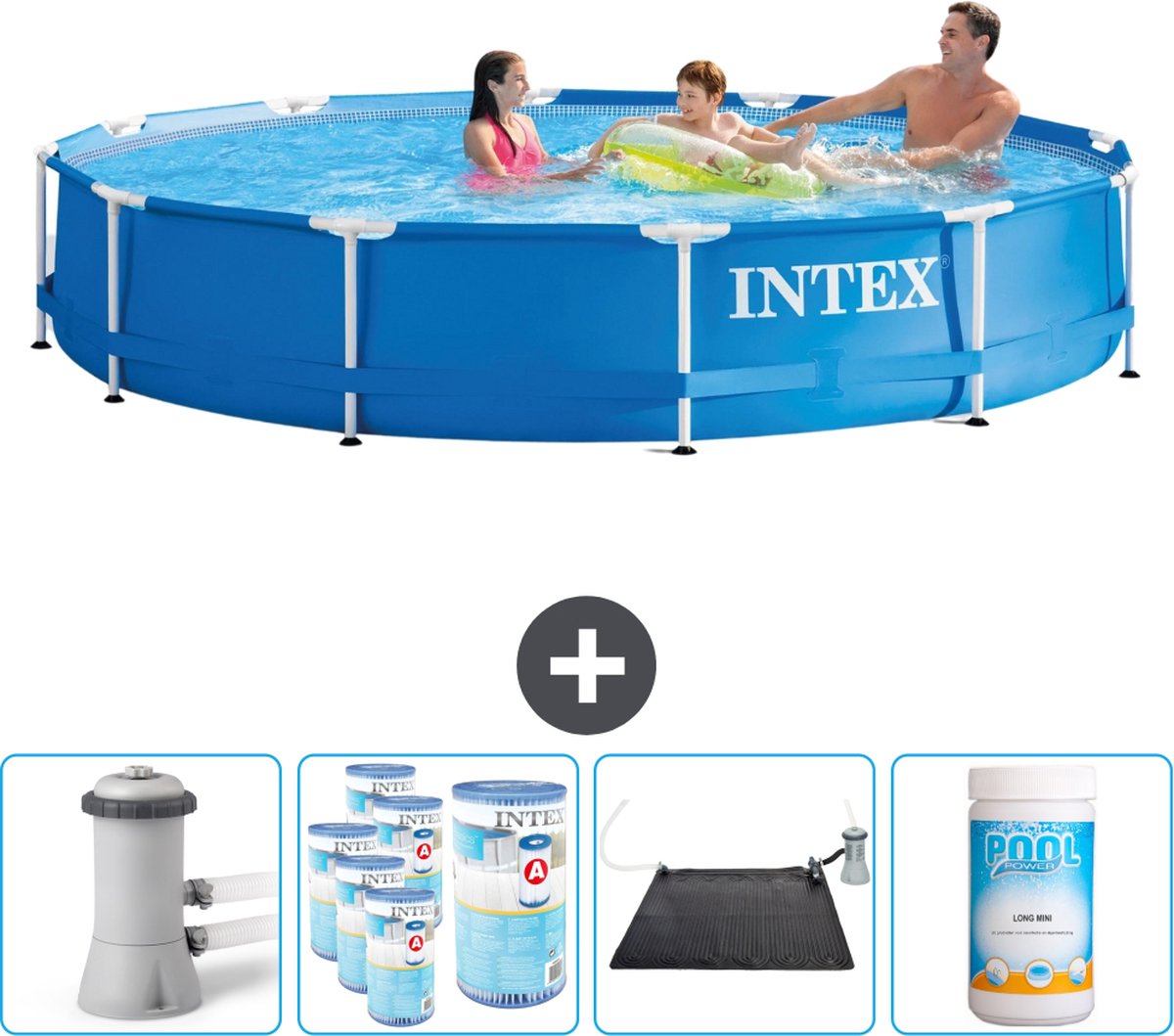 Intex Rond Frame Zwembad - 366 x 76 cm - Blauw - Inclusief Pomp Filters - Solar Mat - Chloor
