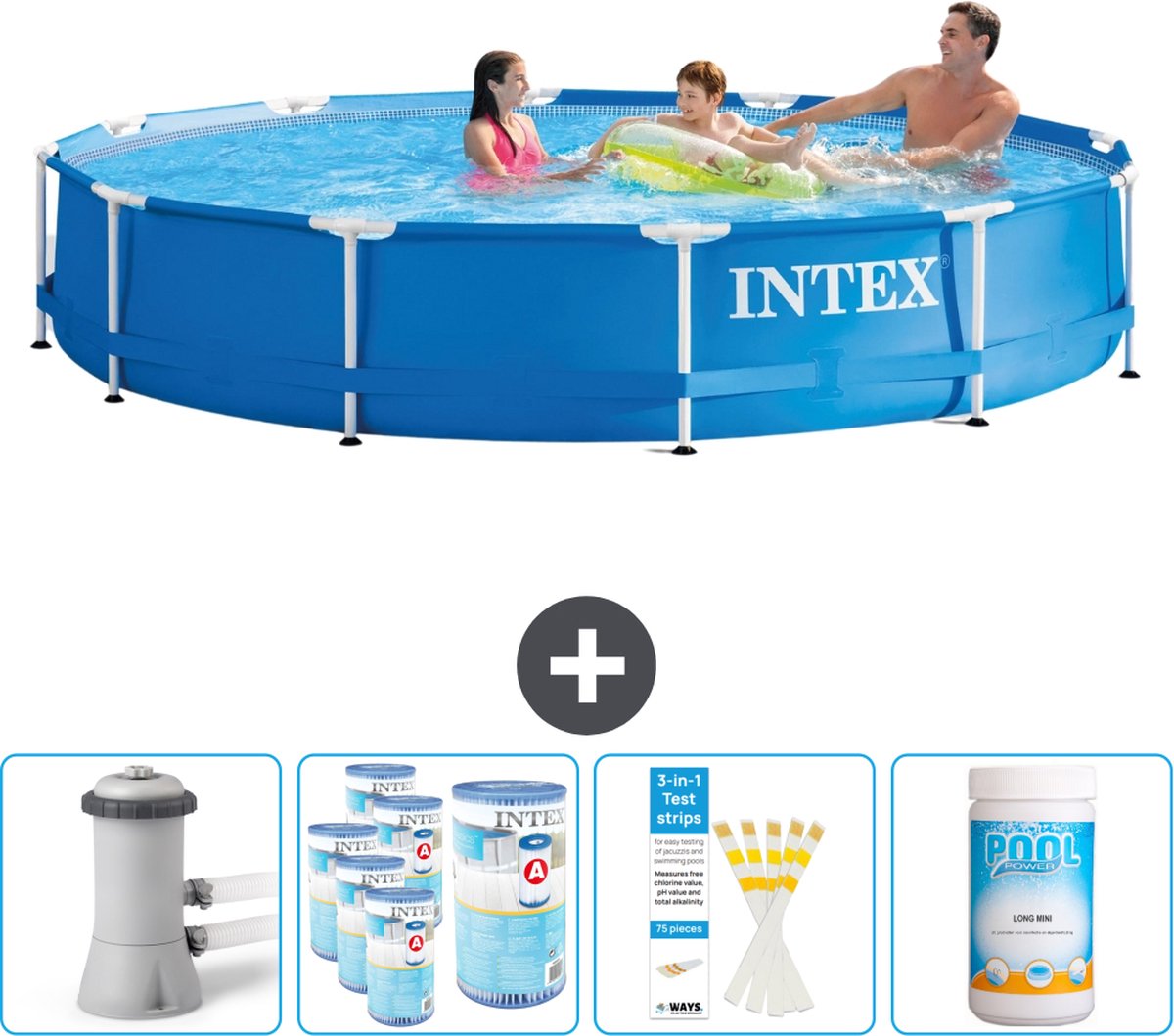 Intex Rond Frame Zwembad - 366 x 76 cm - Blauw - Inclusief Pomp Filters - Testrips - Chloor