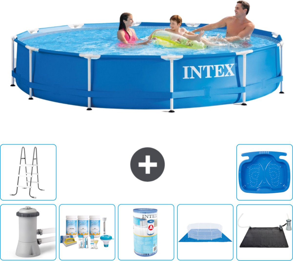 Intex Rond Frame Zwembad - 366 x 76 cm - Blauw - Inclusief Pomp Onderhoudspakket - Filter - Grondzeil - Solar Mat - Ladder - Voetenbad