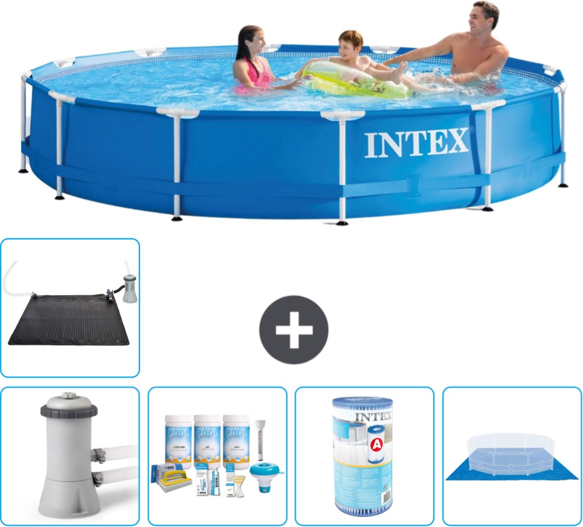 Intex Rond Frame Zwembad - 366 x 76 cm - Blauw - Inclusief Pomp Onderhoudspakket - Filter - Grondzeil - Solar Mat