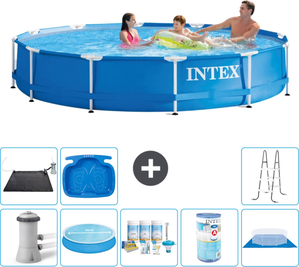 Intex Rond Frame Zwembad - 366 x 76 cm - Blauw - Inclusief Pomp Solarzeil - Onderhoudspakket - Filter - Grondzeil - Solar Mat - Ladder - Voetenbad