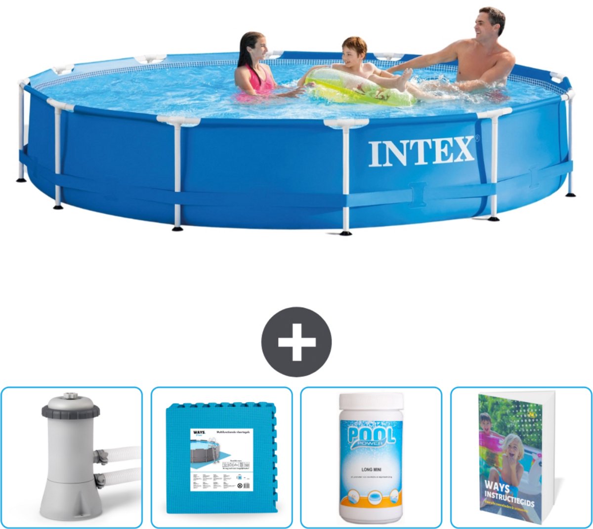 Intex Rond Frame Zwembad - 366 x 76 cm - Blauw - Inclusief Pomp Vloertegels - Chloor - Zwembadgids