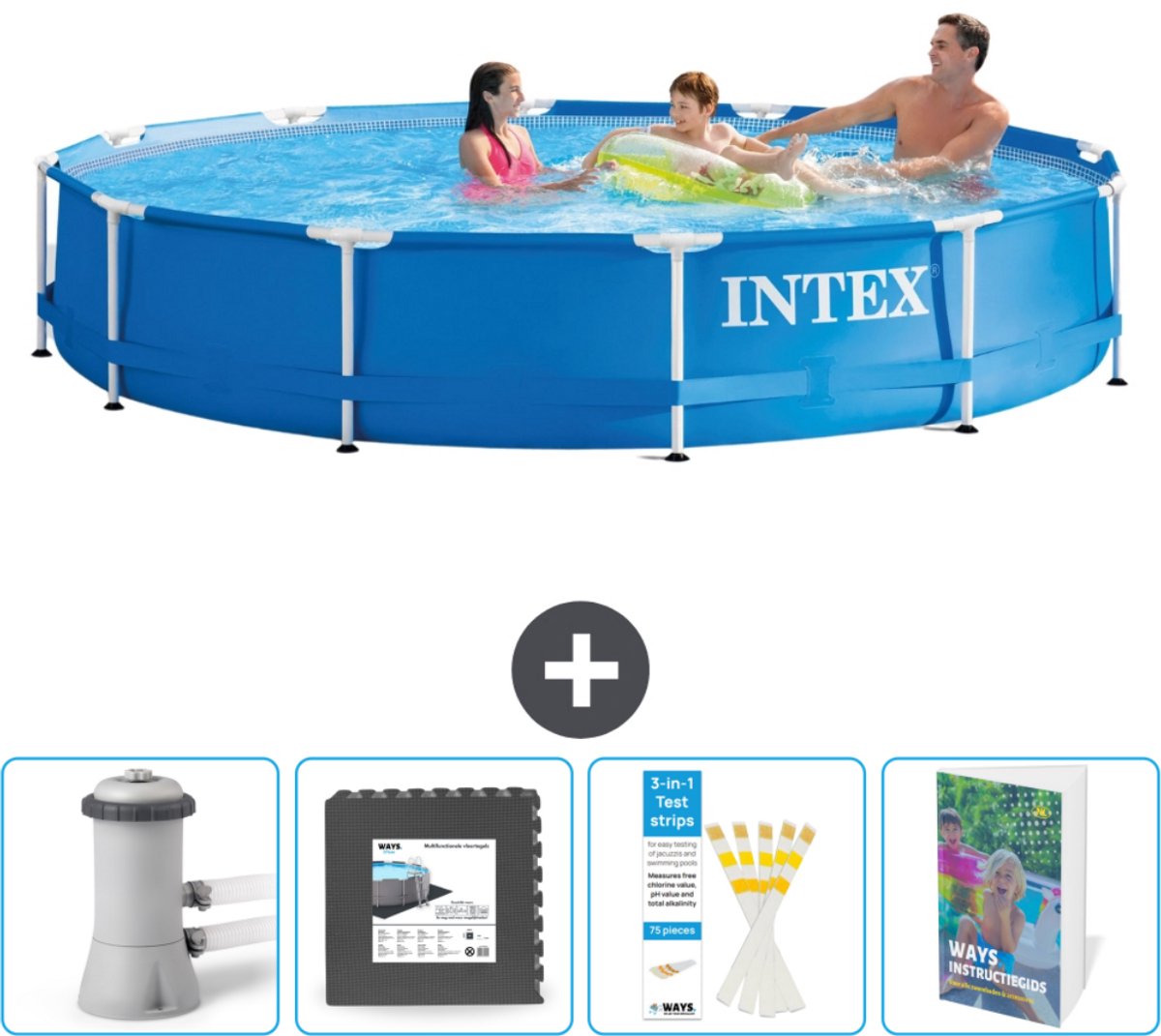 Intex Rond Frame Zwembad - 366 x 76 cm - Blauw - Inclusief Pomp Vloertegels - Testrips - Zwembadgids