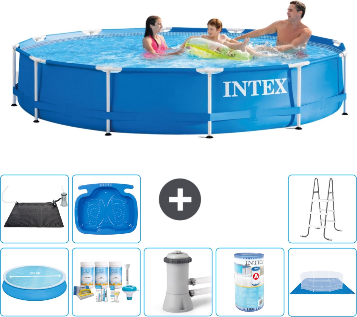 Intex Rond Frame Zwembad - 366 x 76 cm - Blauw - Inclusief Solarzeil - Onderhoudspakket - Zwembadfilterpomp - Filter - Grondzeil - Solar Mat - Ladder - Voetenbad
