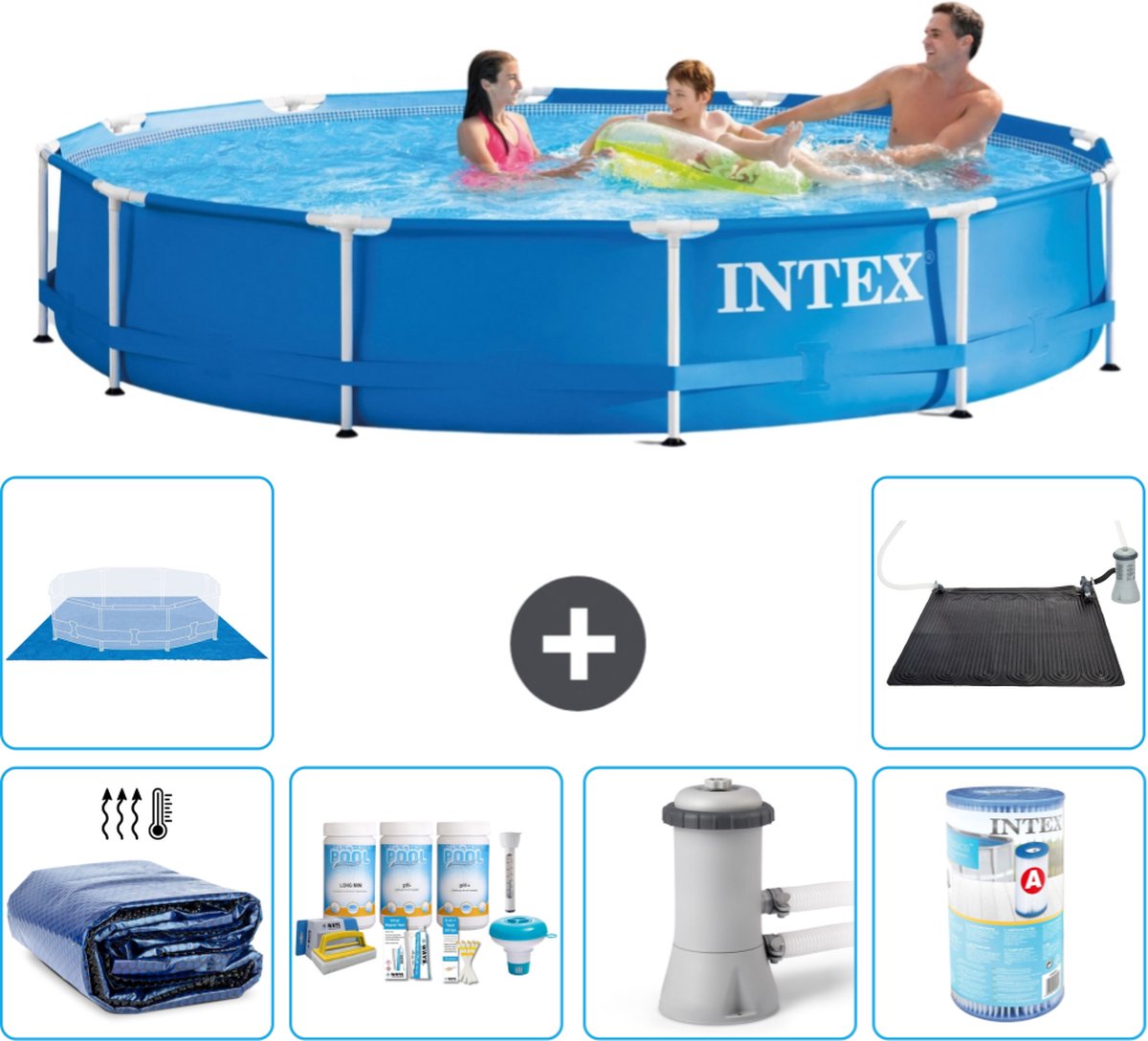 Intex Rond Frame Zwembad - 366 x 76 cm - Blauw - Inclusief Solarzeil - Onderhoudspakket - Zwembadfilterpomp - Filter - Grondzeil - Solar Mat
