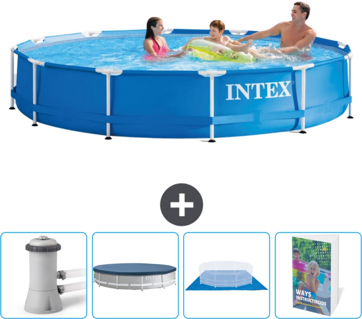 Intex Rond Frame Zwembad - 366 x 76 cm - Blauw - Inclusief Zwembadfilterpomp - Afdekzeil - Grondzeil - Zwembadgids