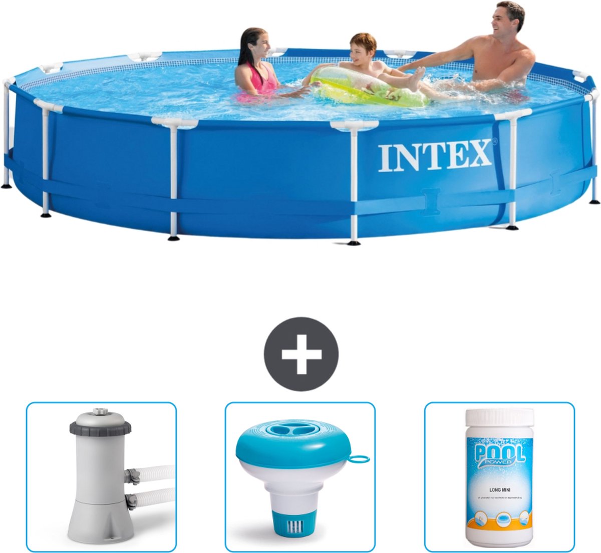 Intex Rond Frame Zwembad - 366 x 76 cm - Blauw - Inclusief Zwembadfilterpomp - Chloordrijver - Chloor